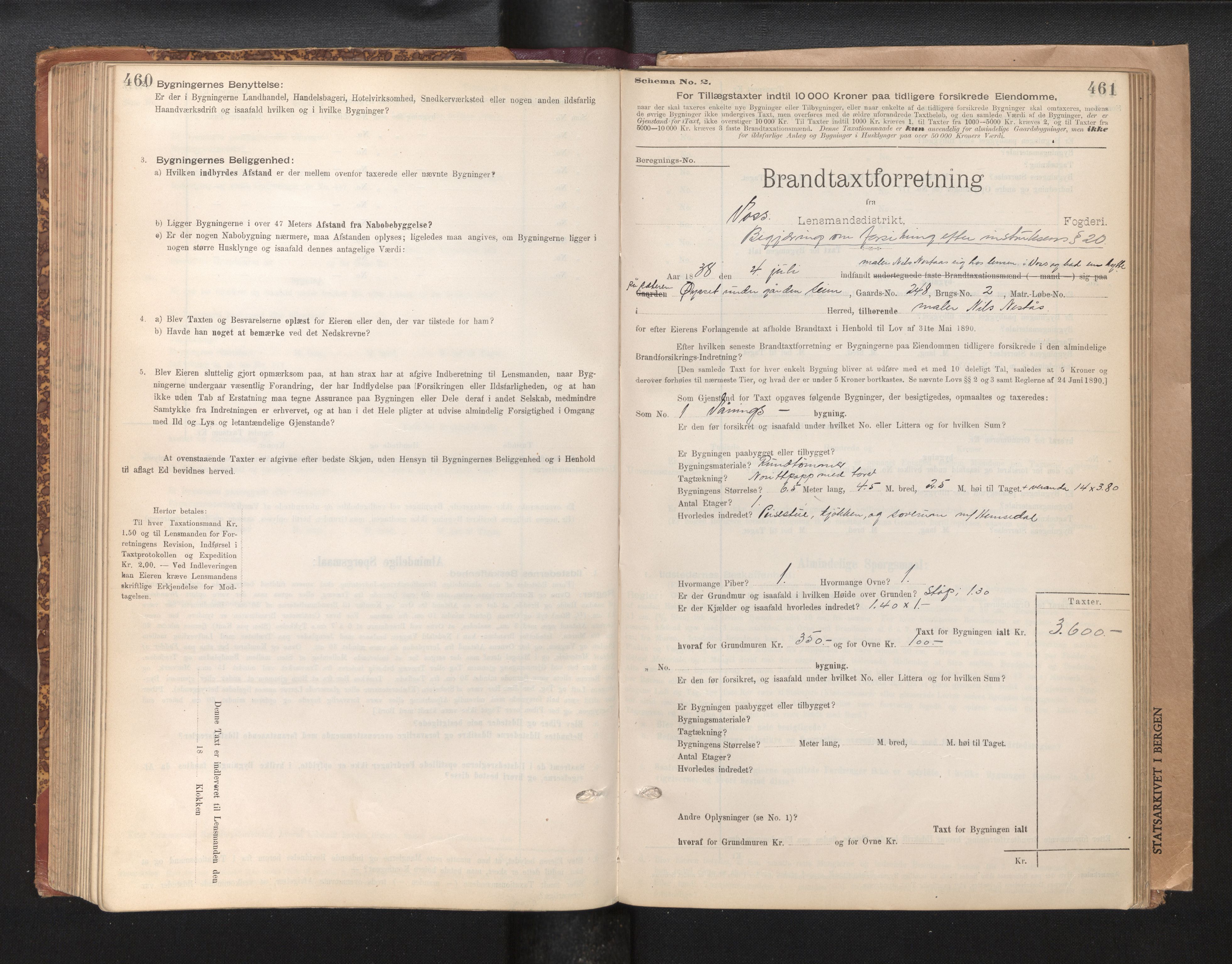 Lensmannen i Voss, SAB/A-35801/0012/L0008: Branntakstprotokoll, skjematakst, 1895-1945, p. 460-461