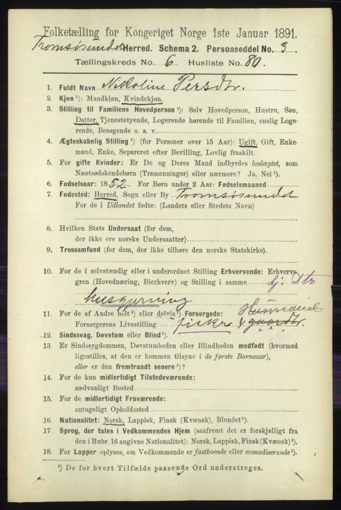 RA, 1891 census for 1934 Tromsøysund, 1891, p. 3624