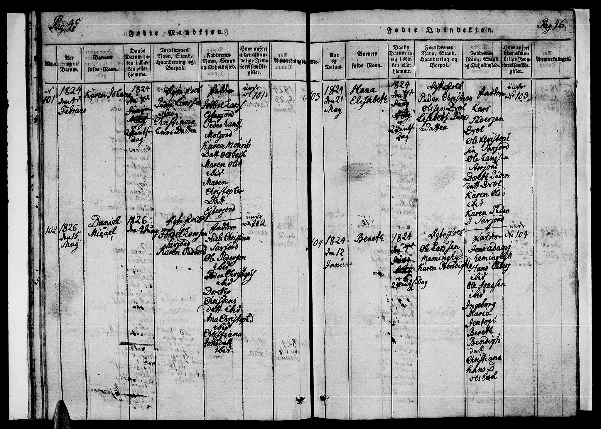 Ministerialprotokoller, klokkerbøker og fødselsregistre - Nordland, SAT/A-1459/846/L0651: Parish register (copy) no. 846C01, 1821-1841, p. 45-46