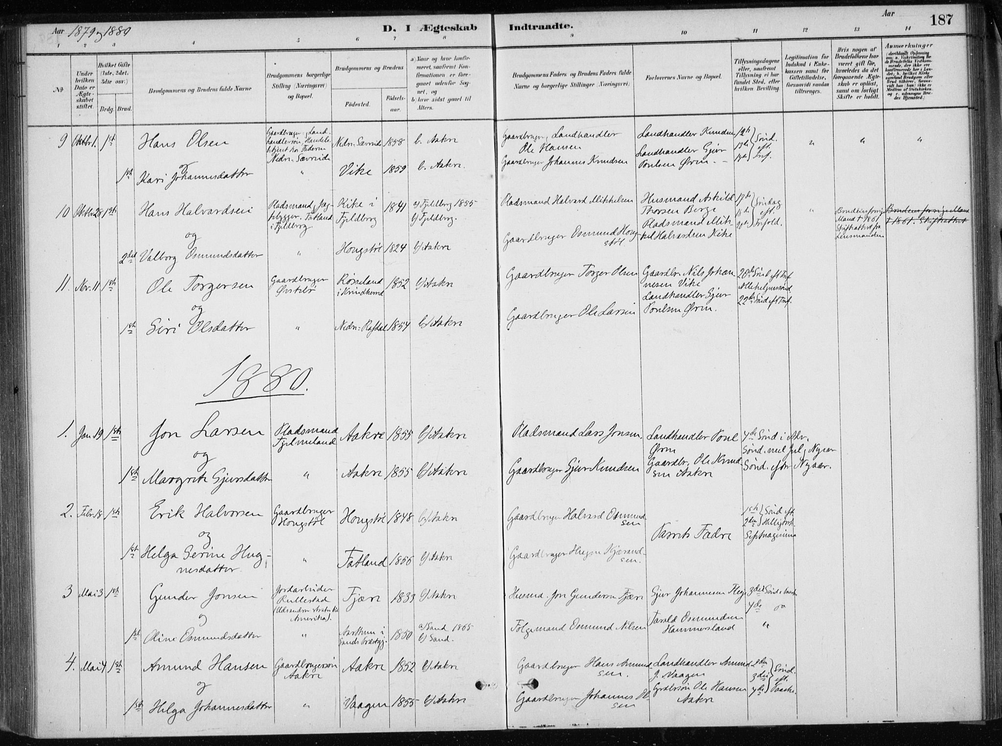 Skånevik sokneprestembete, SAB/A-77801/H/Haa: Parish register (official) no. E  1, 1879-1901, p. 187