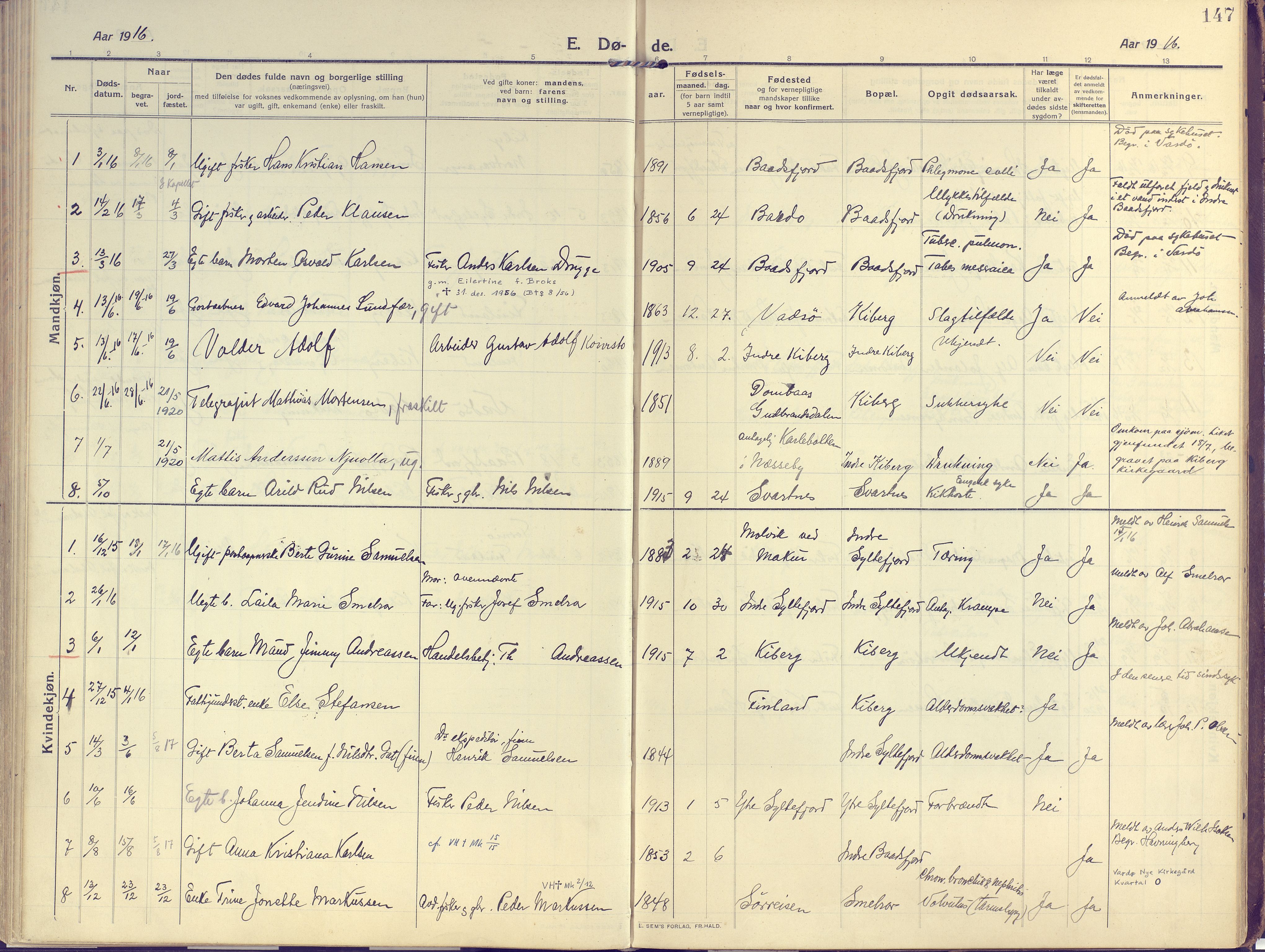 Vardø sokneprestkontor, AV/SATØ-S-1332/H/Ha/L0013kirke: Parish register (official) no. 13, 1912-1928, p. 147