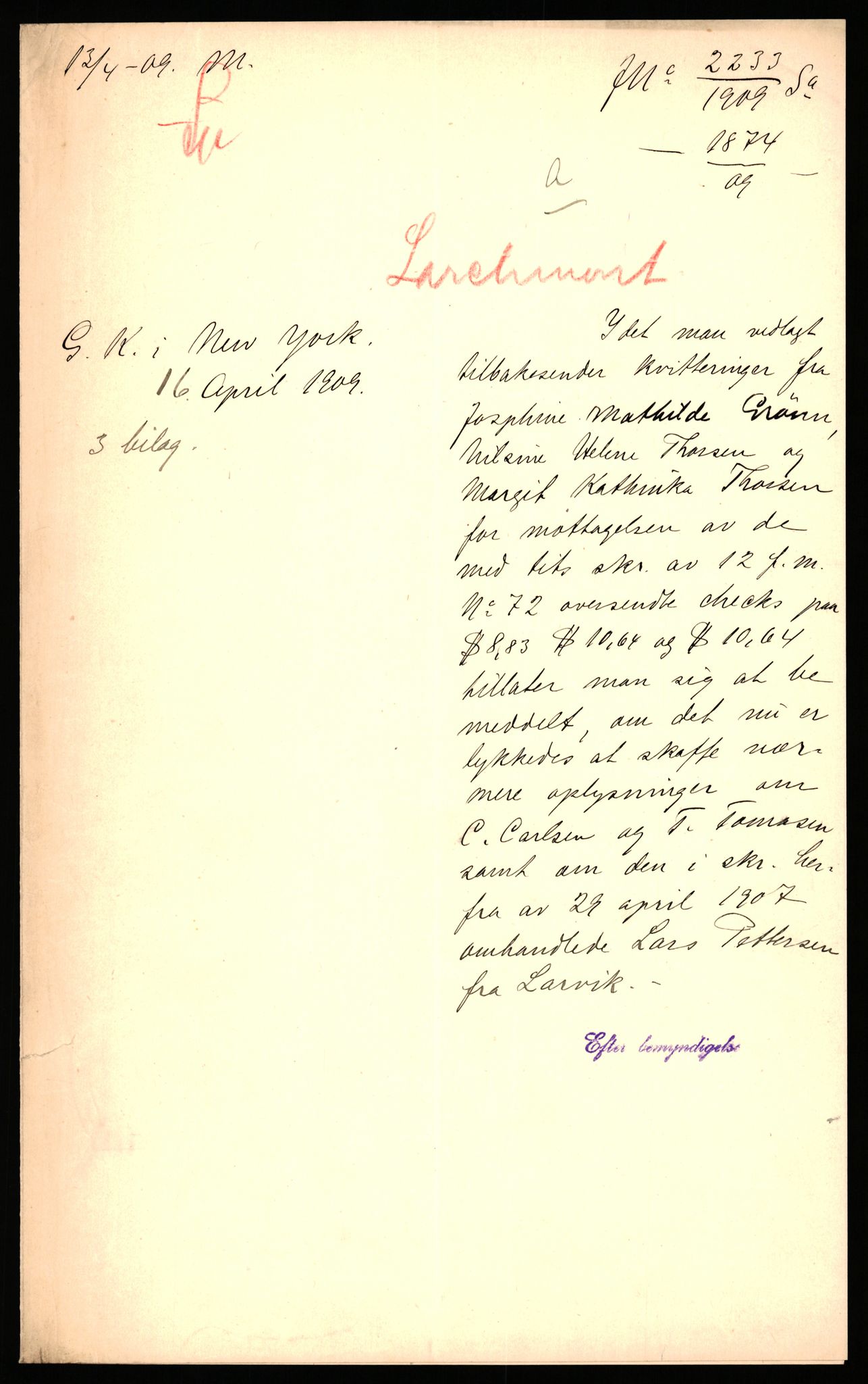 Handelsdepartementet, Sjøfartsavdelingen, 1. sjømannskontor, AV/RA-S-1405/D/Dm/L0010: Forliste skip Lar - Min, 1906-1920, p. 2