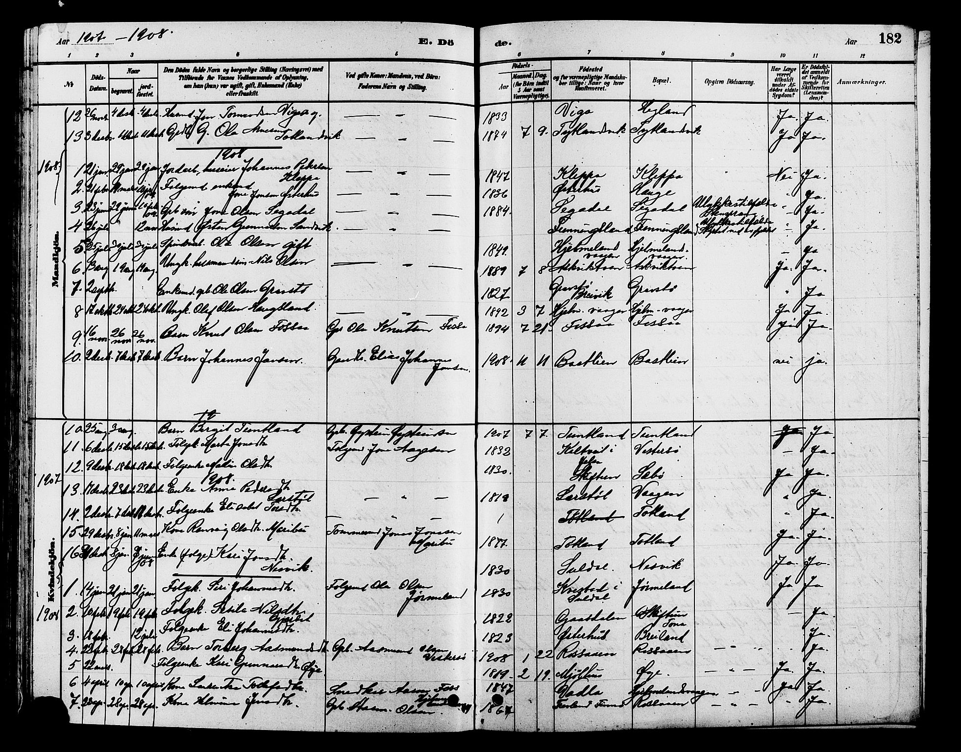 Hjelmeland sokneprestkontor, AV/SAST-A-101843/01/V/L0007: Parish register (copy) no. B 7, 1880-1909, p. 182