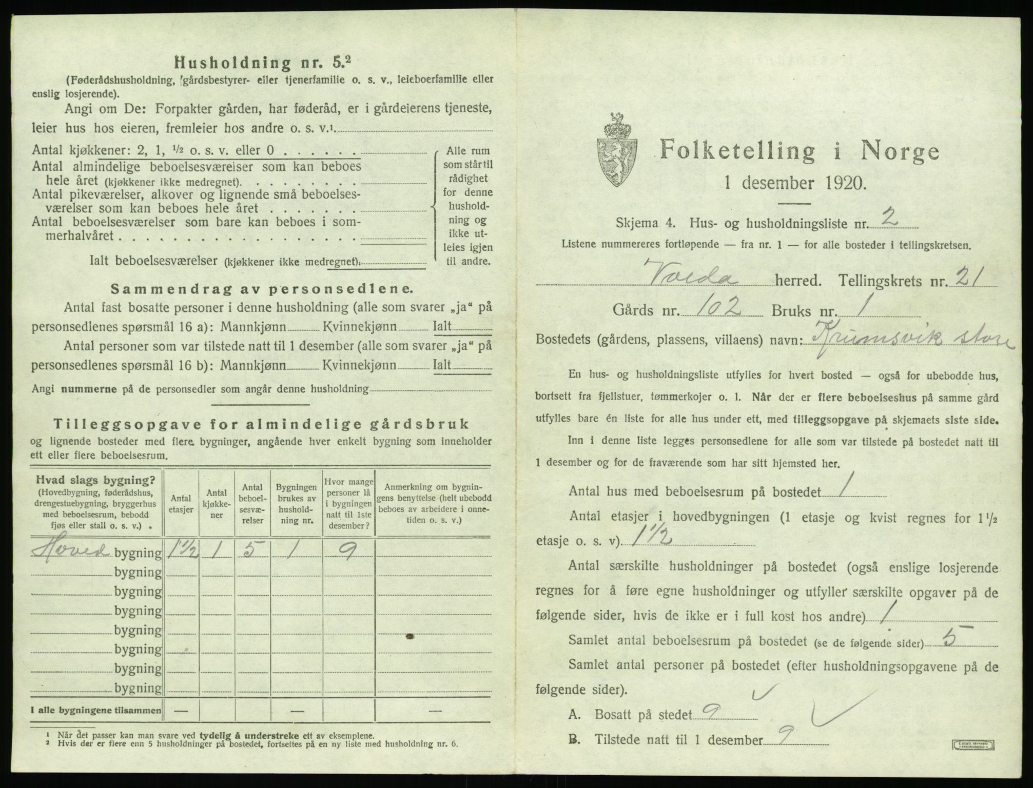 SAT, 1920 census for Volda, 1920, p. 1464