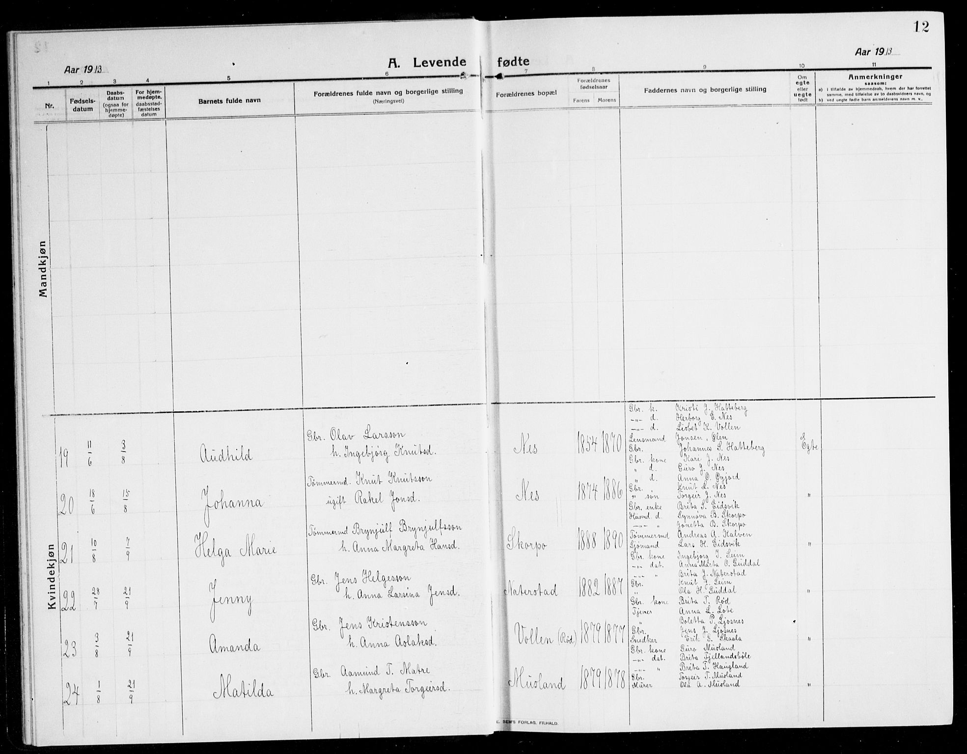 Kvinnherad sokneprestembete, SAB/A-76401/H/Hab: Parish register (copy) no. A 3, 1911-1945, p. 12