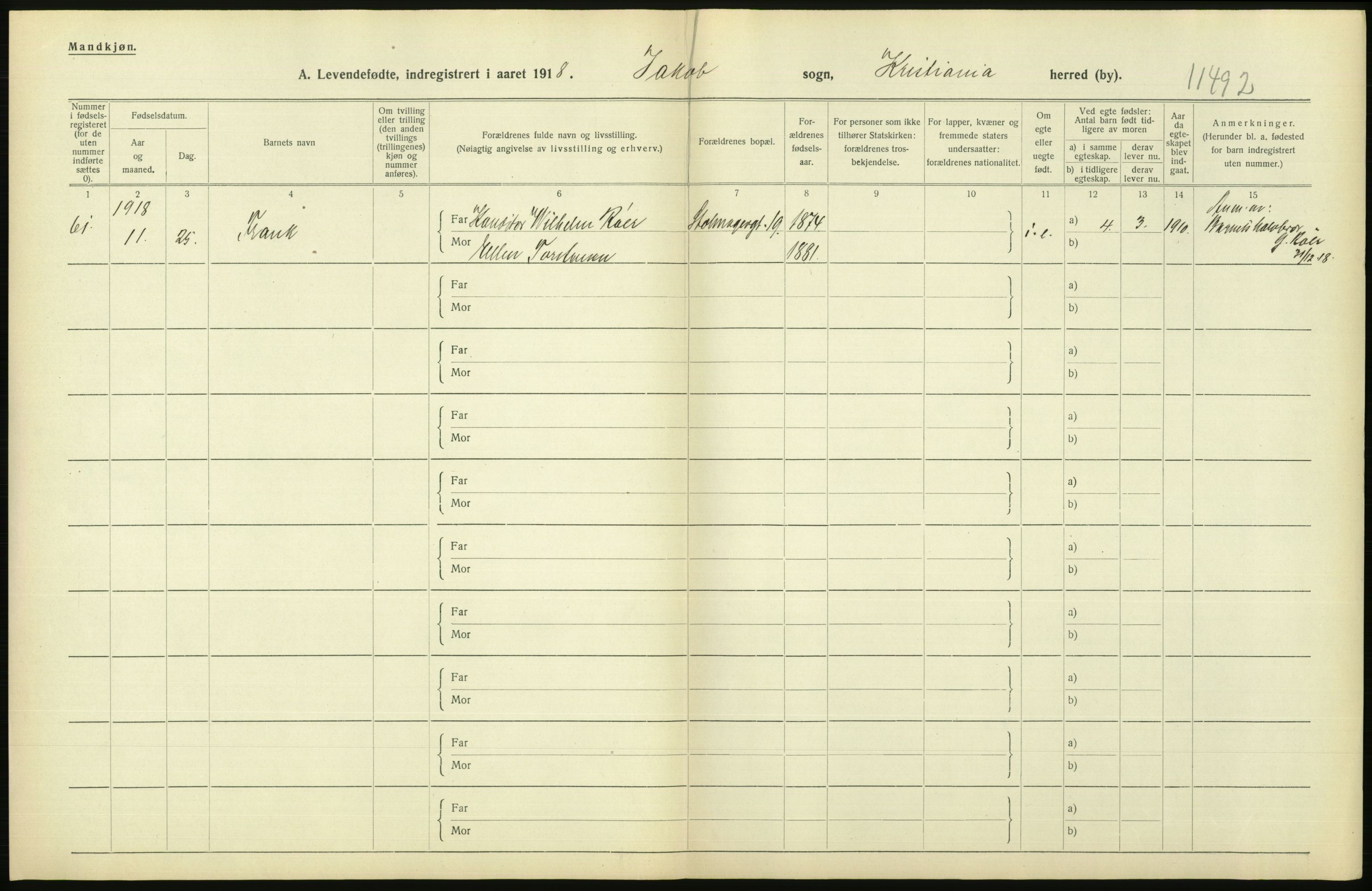 Statistisk sentralbyrå, Sosiodemografiske emner, Befolkning, AV/RA-S-2228/D/Df/Dfb/Dfbh/L0008: Kristiania: Levendefødte menn og kvinner., 1918, p. 714