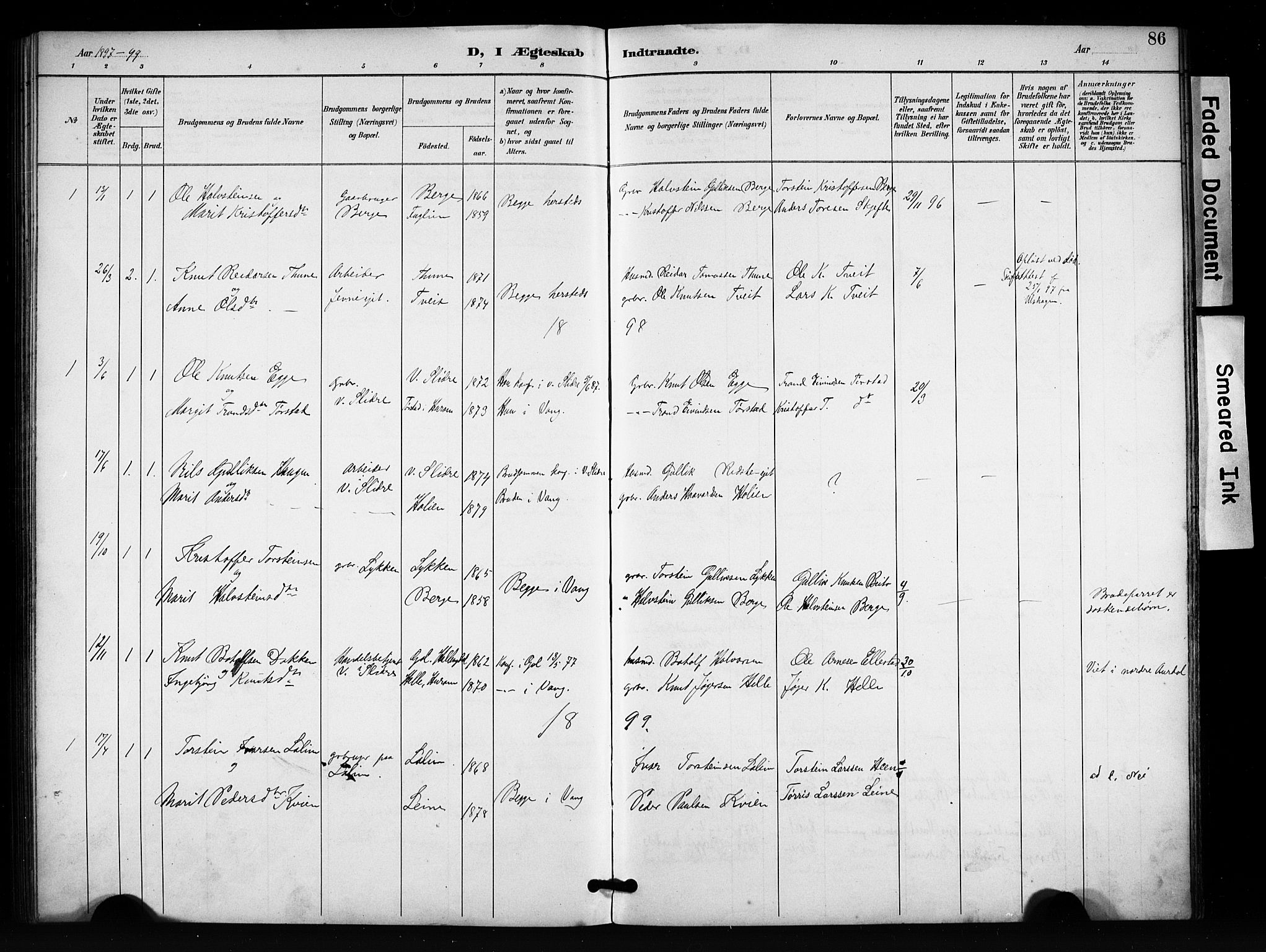 Vang prestekontor, Valdres, SAH/PREST-140/H/Hb/L0007: Parish register (copy) no. 7, 1893-1924, p. 86