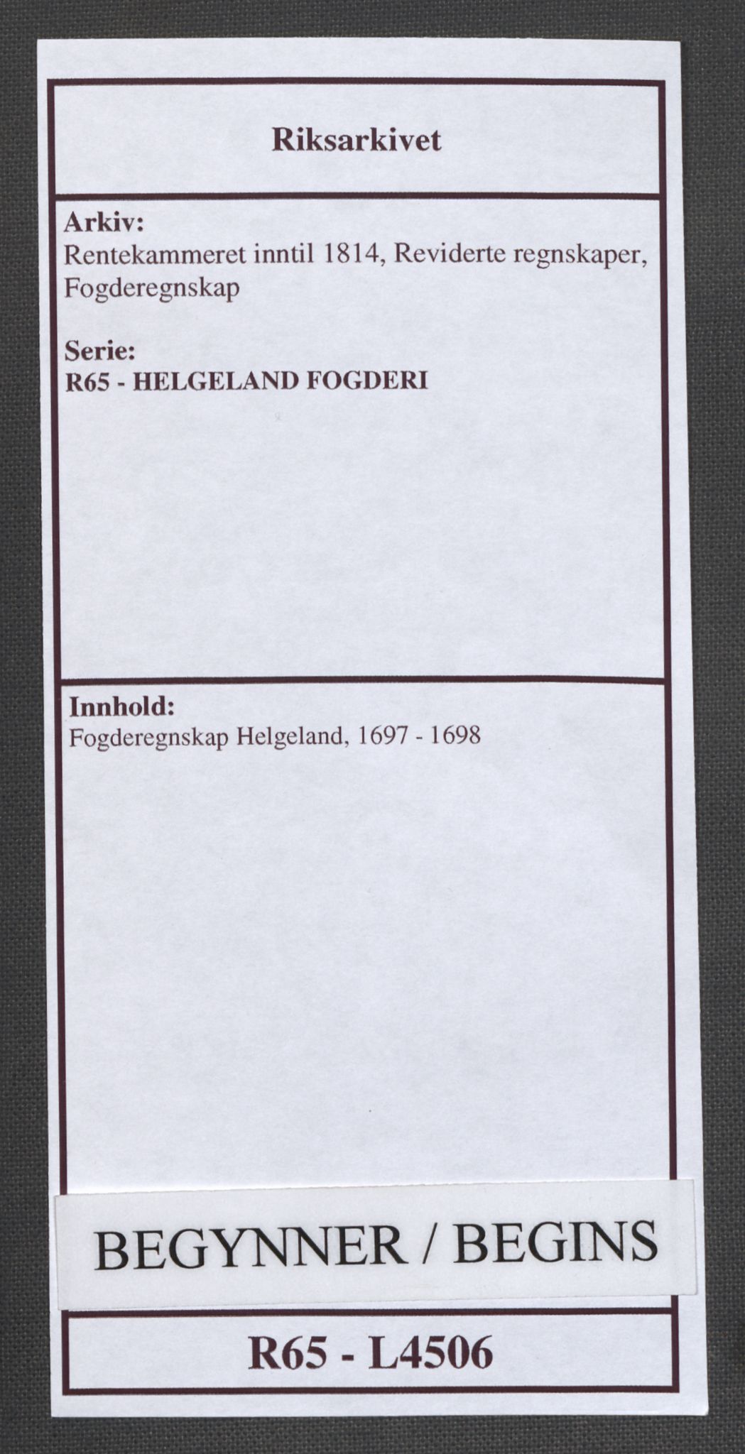 Rentekammeret inntil 1814, Reviderte regnskaper, Fogderegnskap, AV/RA-EA-4092/R65/L4506: Fogderegnskap Helgeland, 1697-1698, p. 1