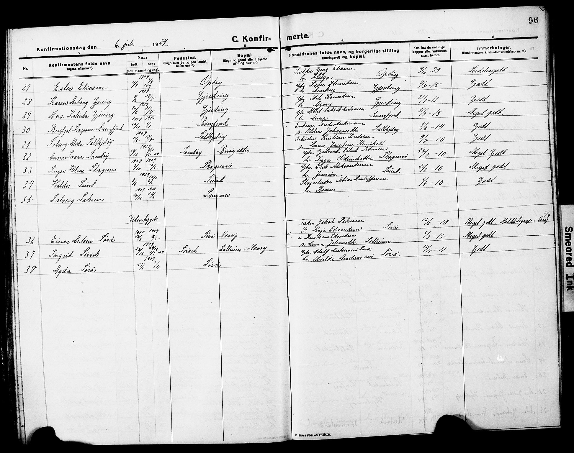 Ministerialprotokoller, klokkerbøker og fødselsregistre - Nord-Trøndelag, SAT/A-1458/780/L0653: Parish register (copy) no. 780C05, 1911-1927, p. 96