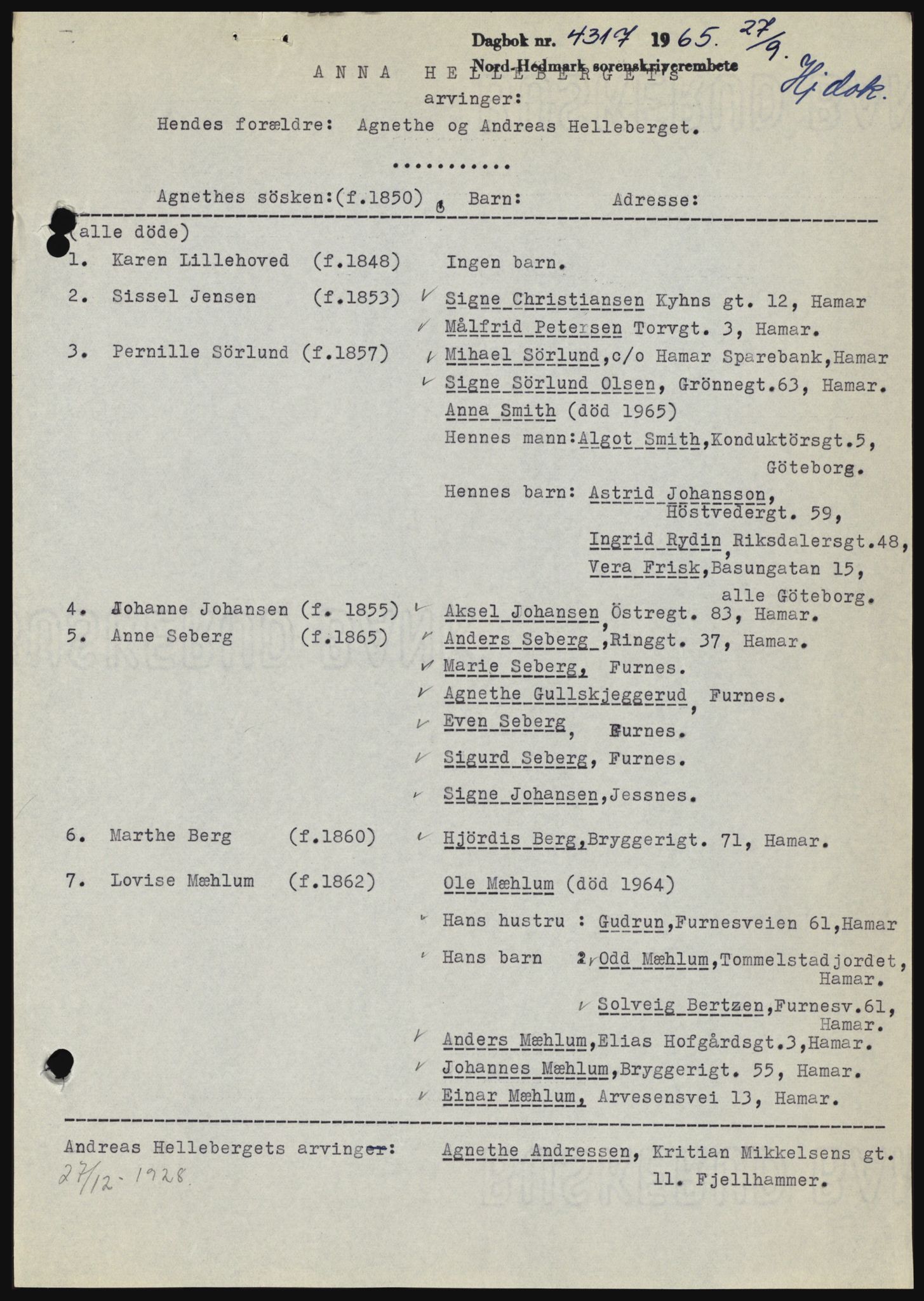 Nord-Hedmark sorenskriveri, SAH/TING-012/H/Hc/L0022: Mortgage book no. 22, 1965-1965, Diary no: : 4317/1965