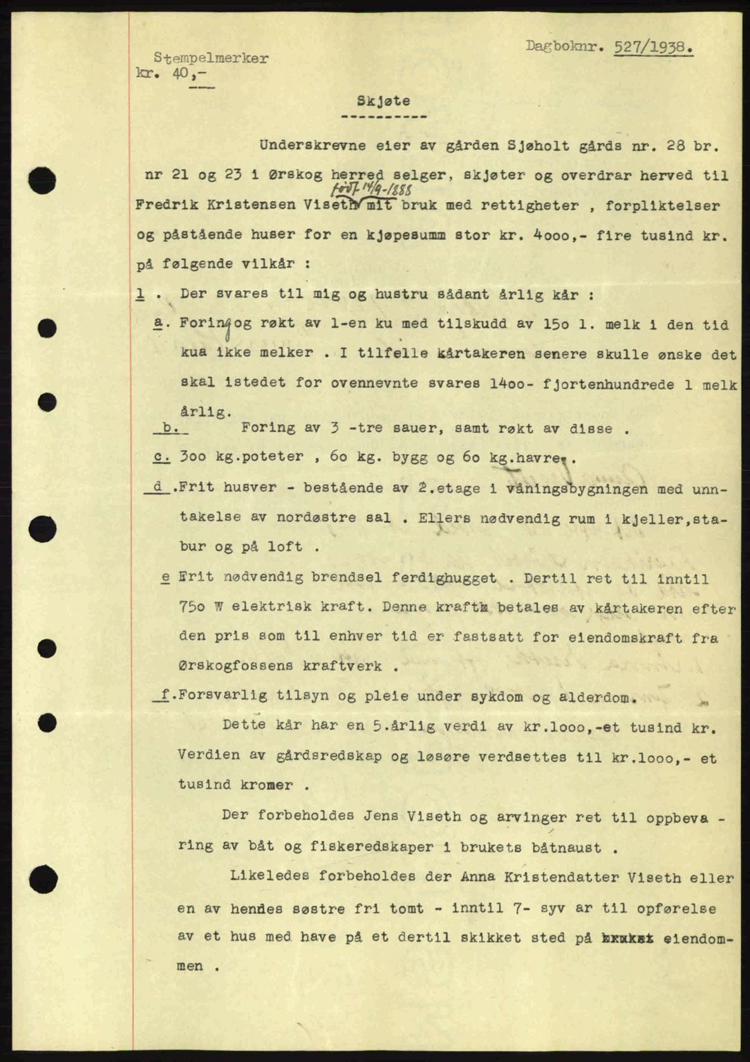 Nordre Sunnmøre sorenskriveri, AV/SAT-A-0006/1/2/2C/2Ca: Mortgage book no. A4, 1937-1938, Diary no: : 527/1938