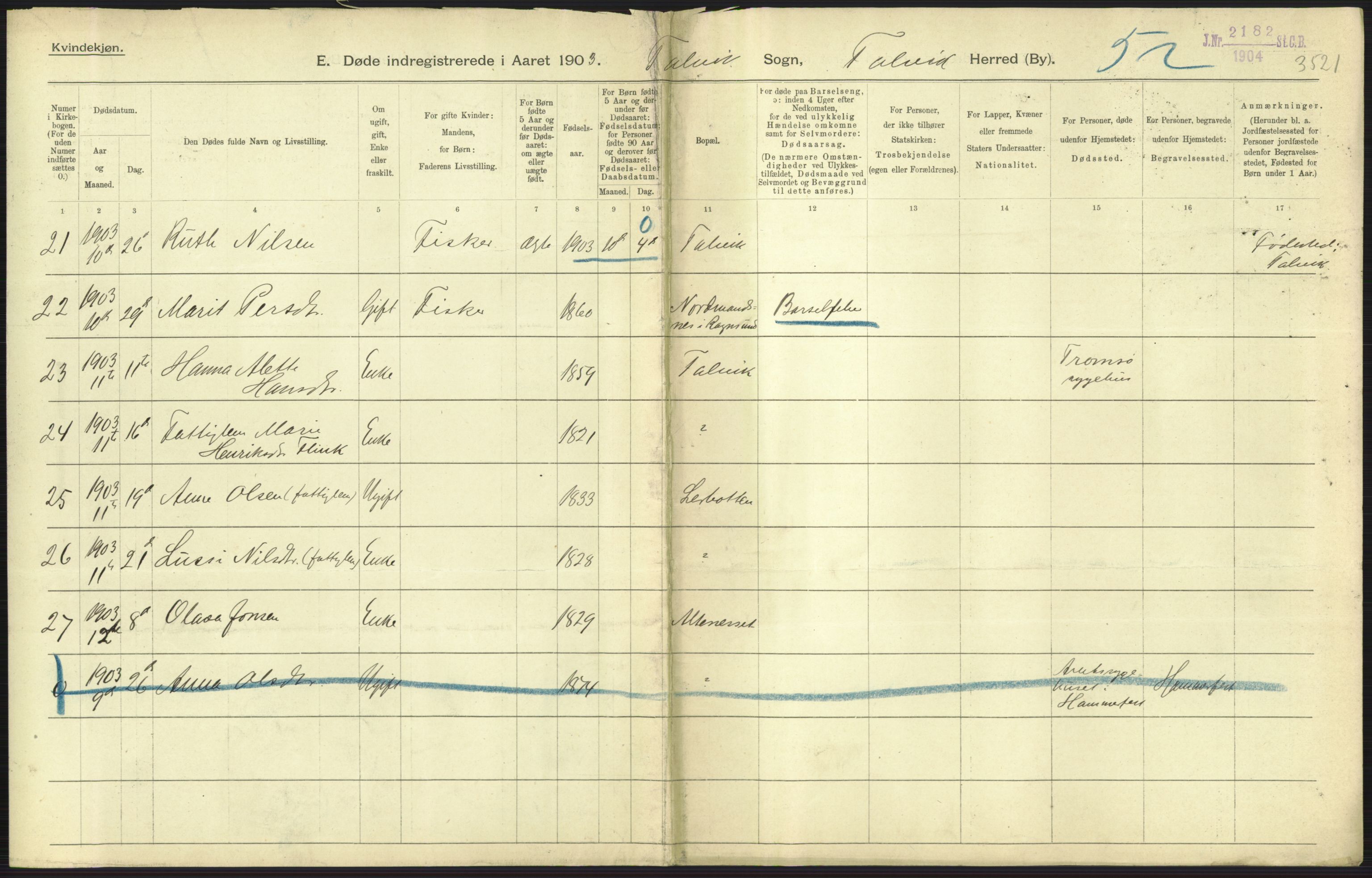 Statistisk sentralbyrå, Sosiodemografiske emner, Befolkning, AV/RA-S-2228/D/Df/Dfa/Dfaa/L0022: Finnmarkens amt: Fødte, gifte, døde., 1903, p. 217