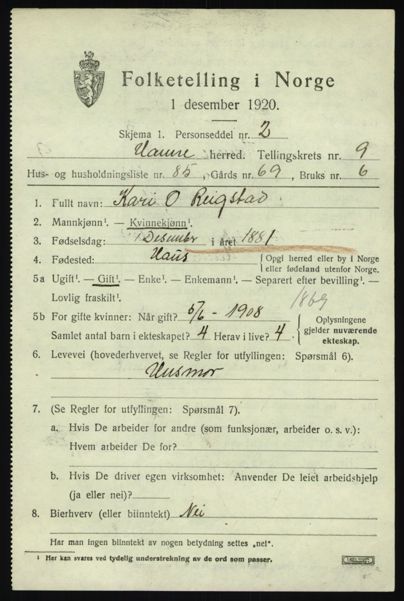 SAB, 1920 census for Hamre, 1920, p. 5953