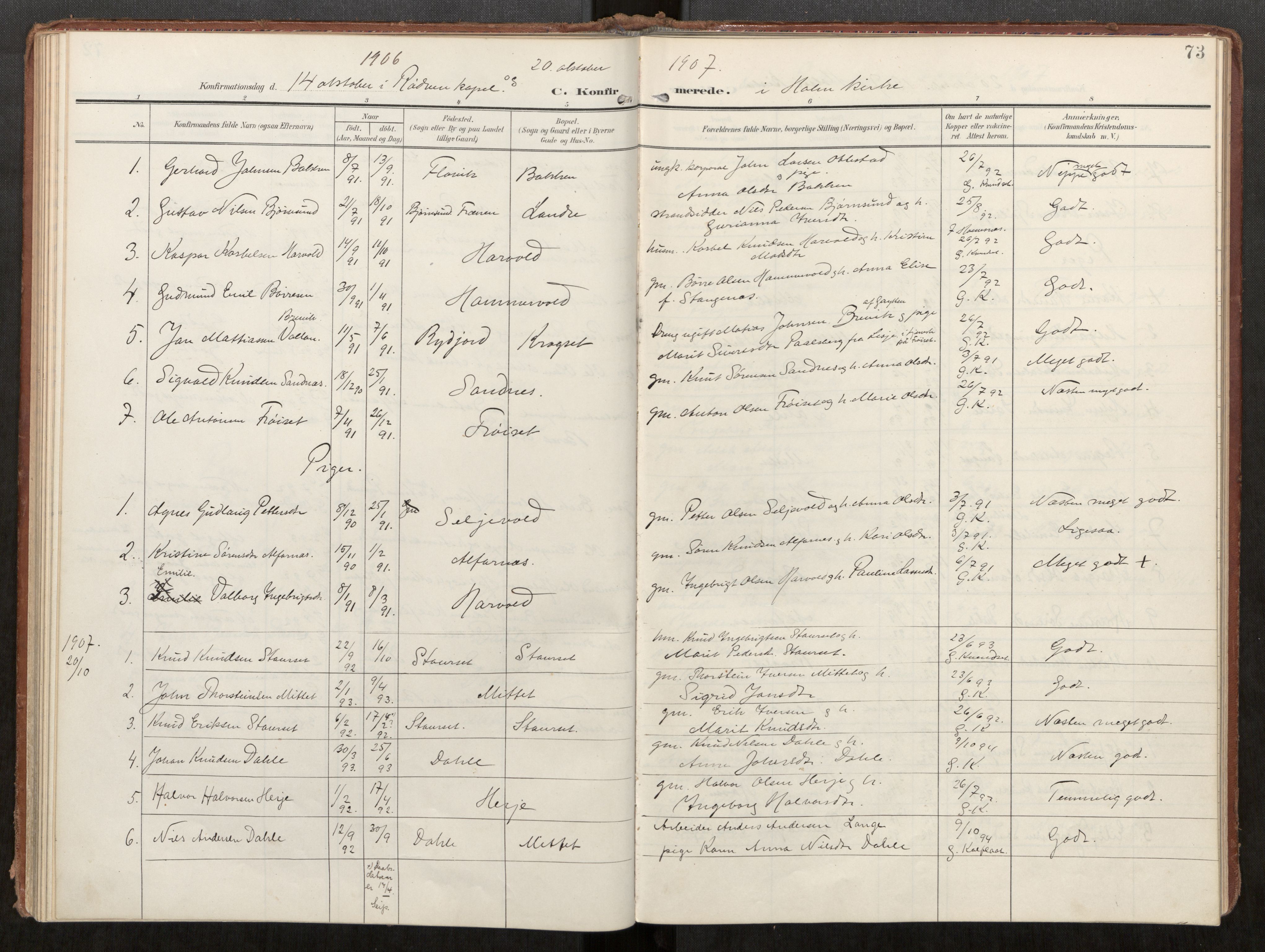 Ministerialprotokoller, klokkerbøker og fødselsregistre - Møre og Romsdal, AV/SAT-A-1454/549/L0618: Parish register (official) no. 549A01, 1906-1927, p. 73