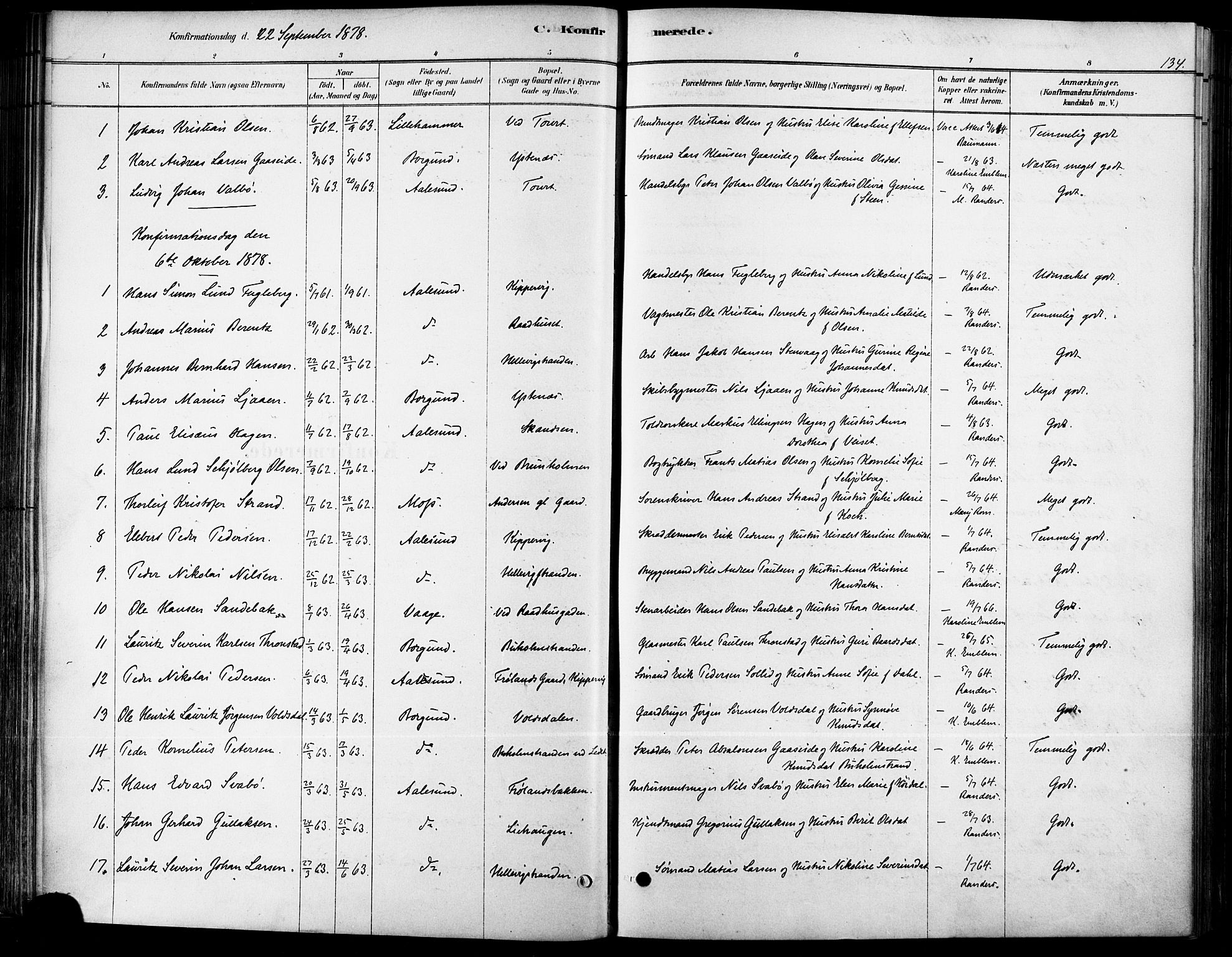 Ministerialprotokoller, klokkerbøker og fødselsregistre - Møre og Romsdal, SAT/A-1454/529/L0454: Parish register (official) no. 529A04, 1878-1885, p. 134