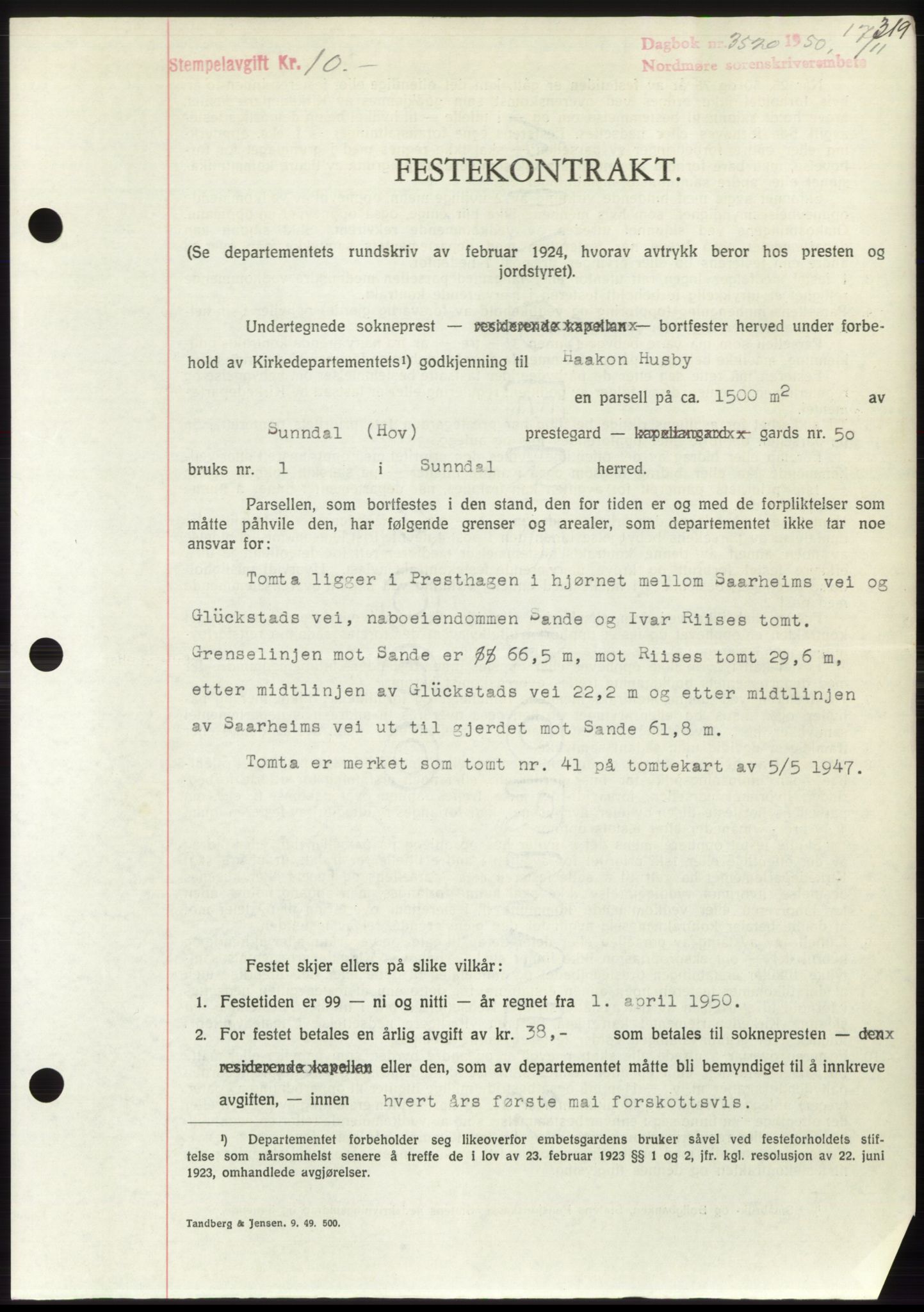 Nordmøre sorenskriveri, AV/SAT-A-4132/1/2/2Ca: Mortgage book no. B106, 1950-1950, Diary no: : 3520/1950