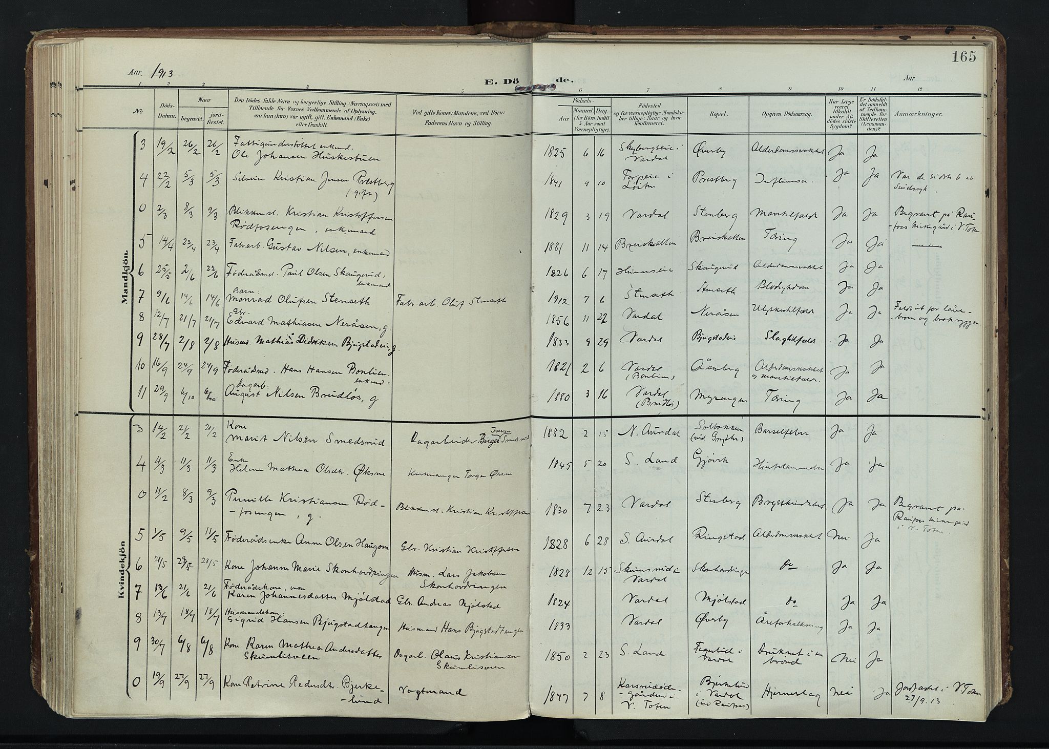 Vardal prestekontor, SAH/PREST-100/H/Ha/Haa/L0020: Parish register (official) no. 20, 1907-1921, p. 165