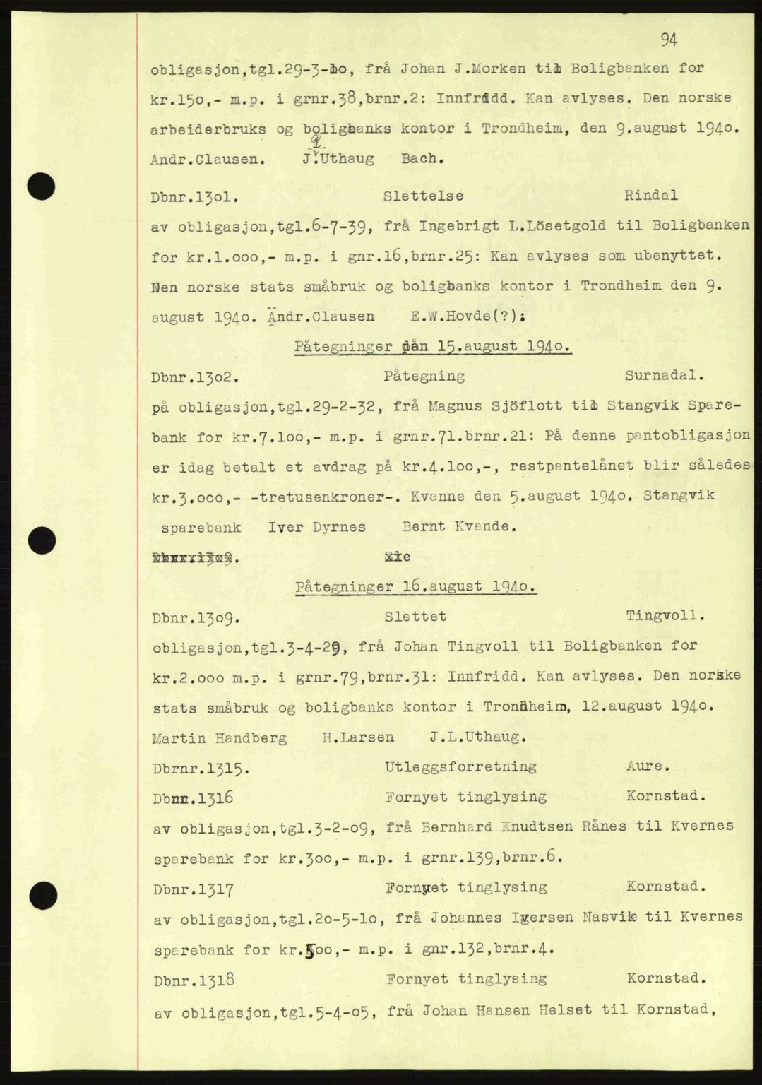 Nordmøre sorenskriveri, AV/SAT-A-4132/1/2/2Ca: Mortgage book no. C81, 1940-1945, Diary no: : 1301/1940