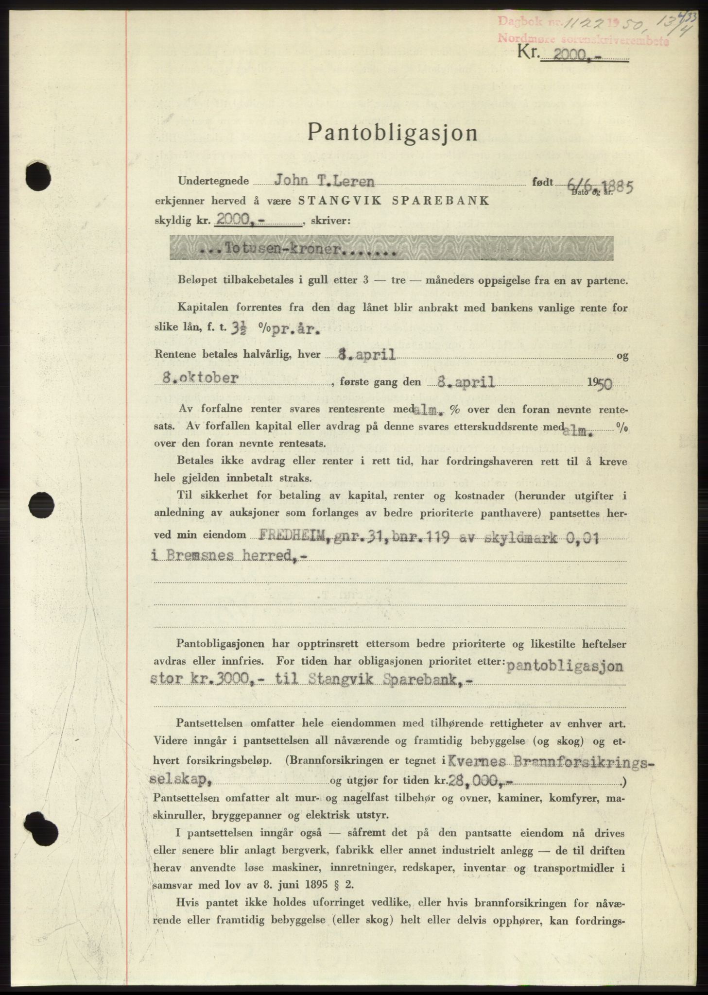 Nordmøre sorenskriveri, AV/SAT-A-4132/1/2/2Ca: Mortgage book no. B104, 1950-1950, Diary no: : 1122/1950