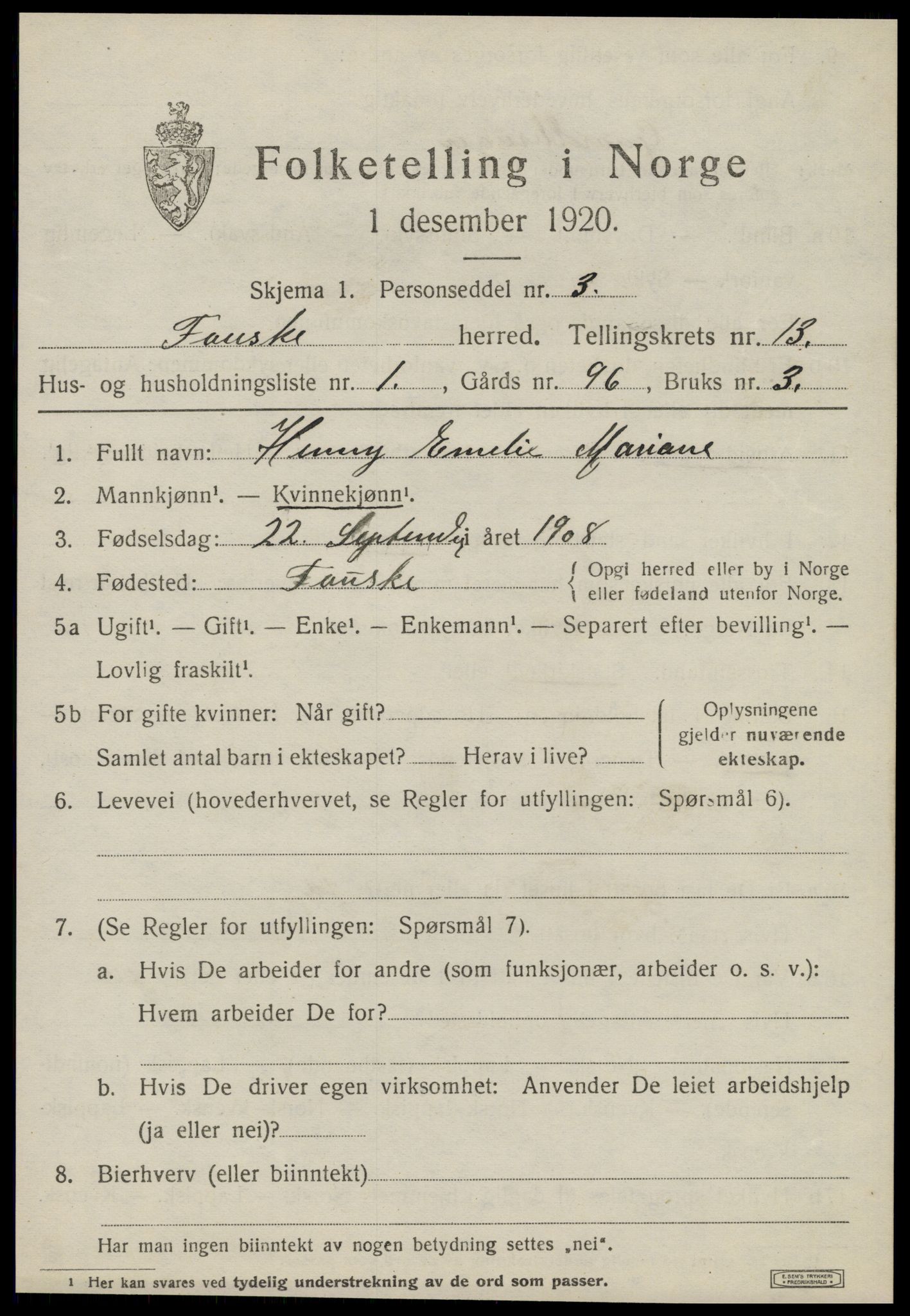 SAT, 1920 census for Fauske, 1920, p. 8364