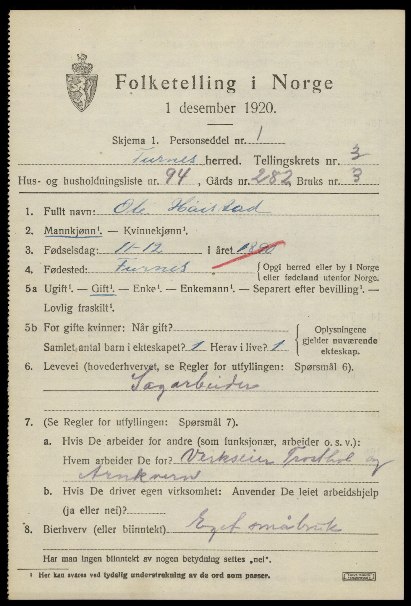 SAH, 1920 census for Furnes, 1920, p. 5717