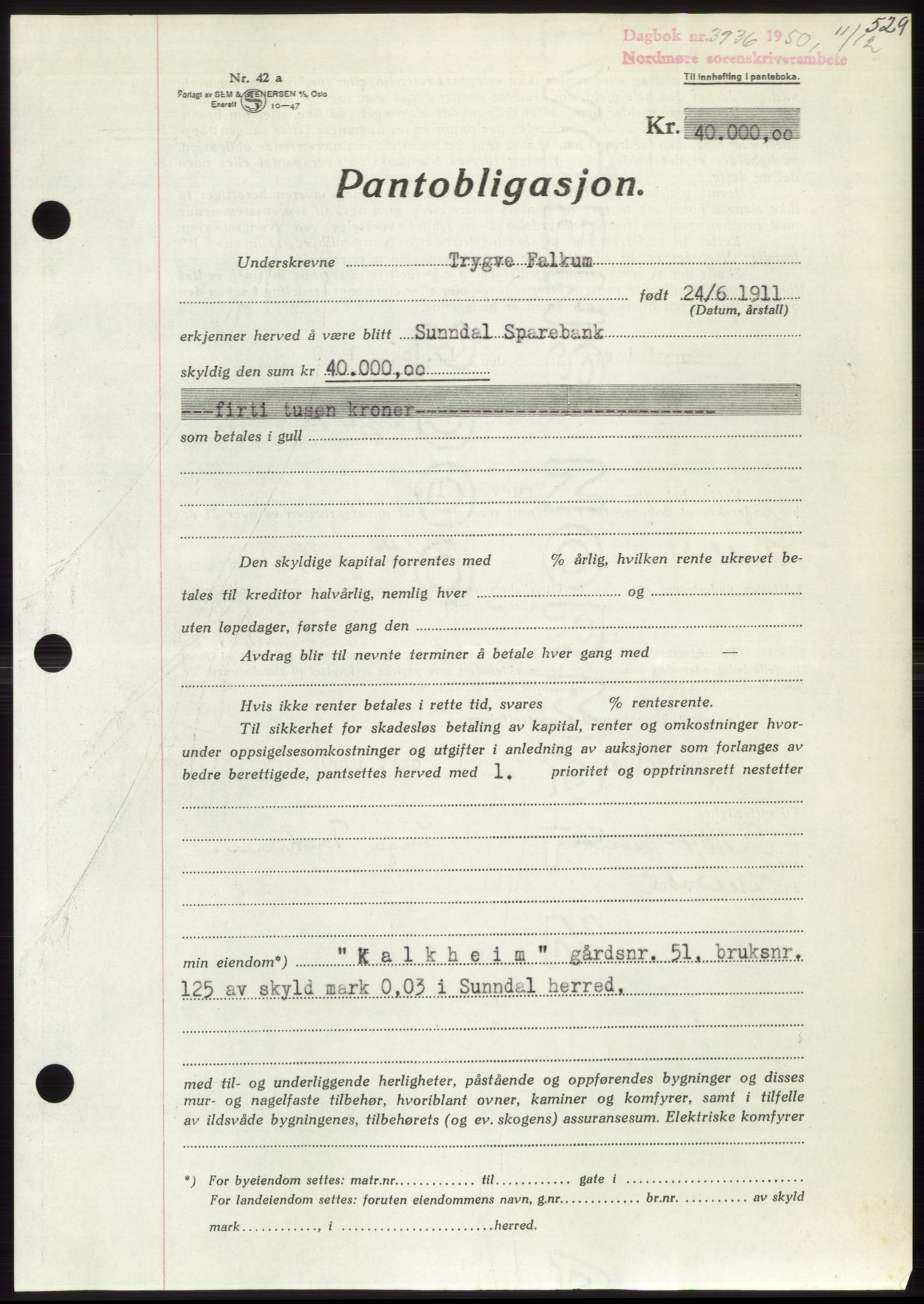 Nordmøre sorenskriveri, AV/SAT-A-4132/1/2/2Ca: Mortgage book no. B106, 1950-1950, Diary no: : 3936/1950