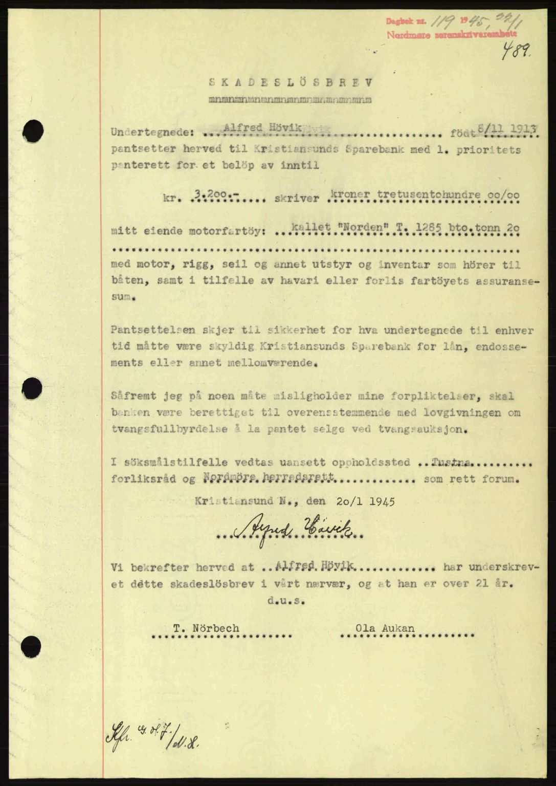 Nordmøre sorenskriveri, AV/SAT-A-4132/1/2/2Ca: Mortgage book no. B92, 1944-1945, Diary no: : 119/1945