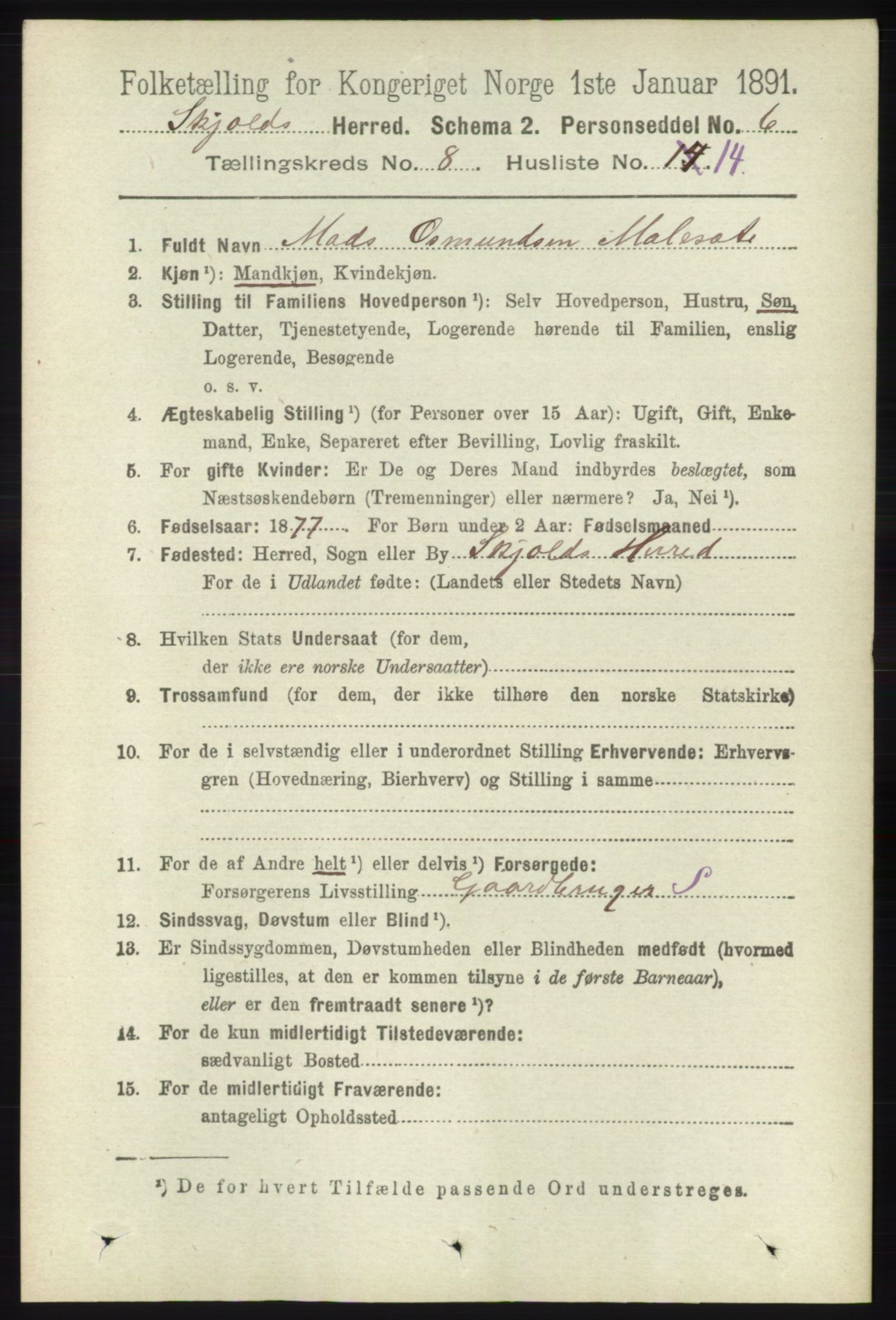 RA, 1891 census for 1154 Skjold, 1891, p. 1671