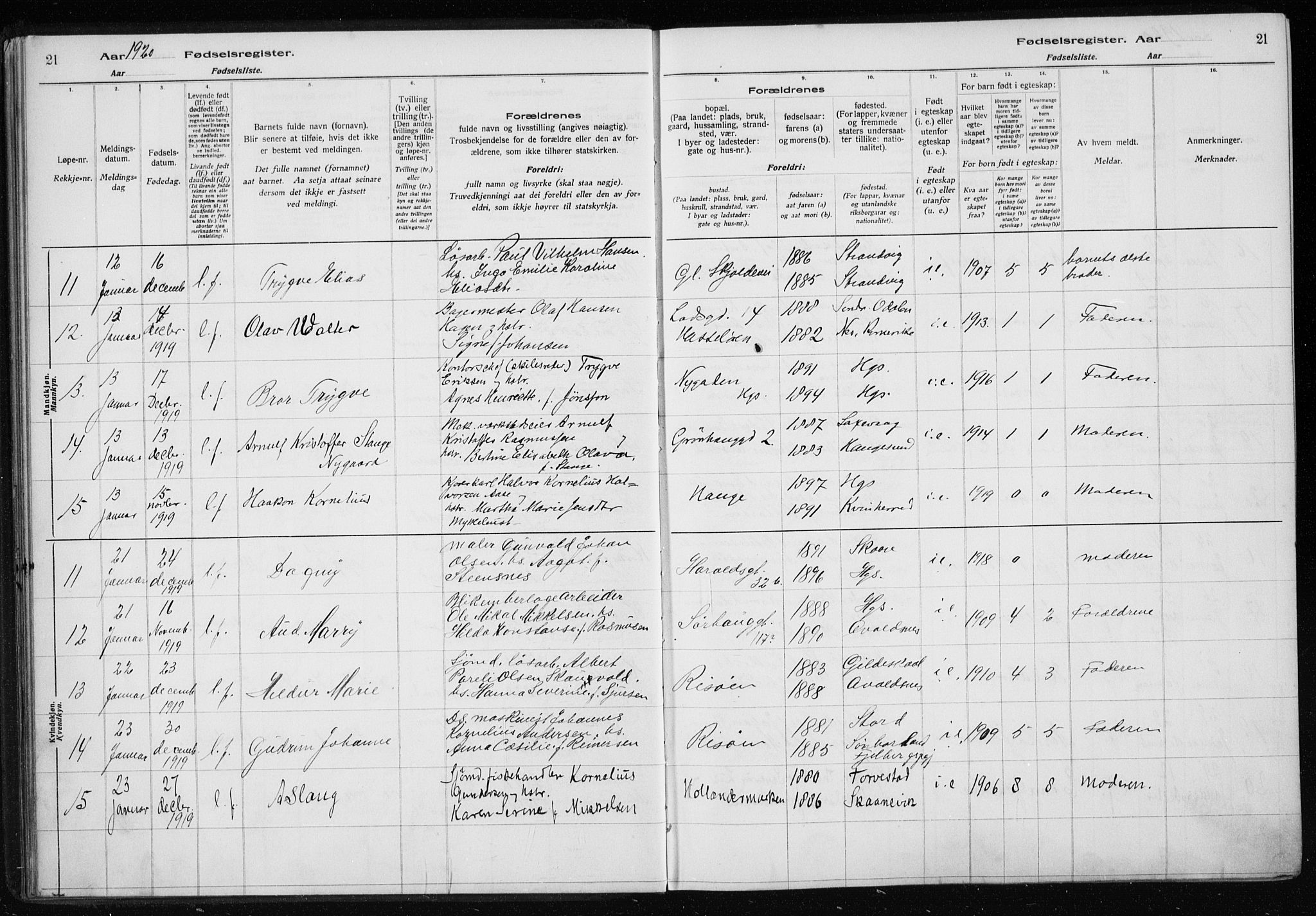 Haugesund sokneprestkontor, AV/SAST-A -101863/I/Id/L0004: Birth register no. 2, 1919-1923, p. 21