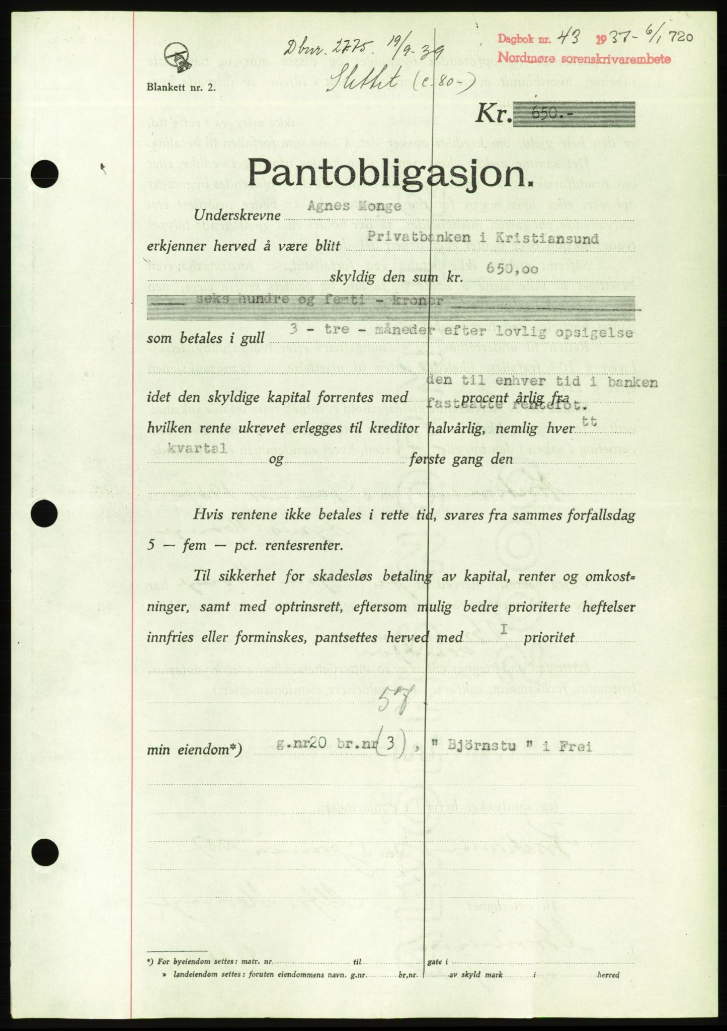 Nordmøre sorenskriveri, AV/SAT-A-4132/1/2/2Ca/L0090: Mortgage book no. B80, 1936-1937, Diary no: : 43/1937