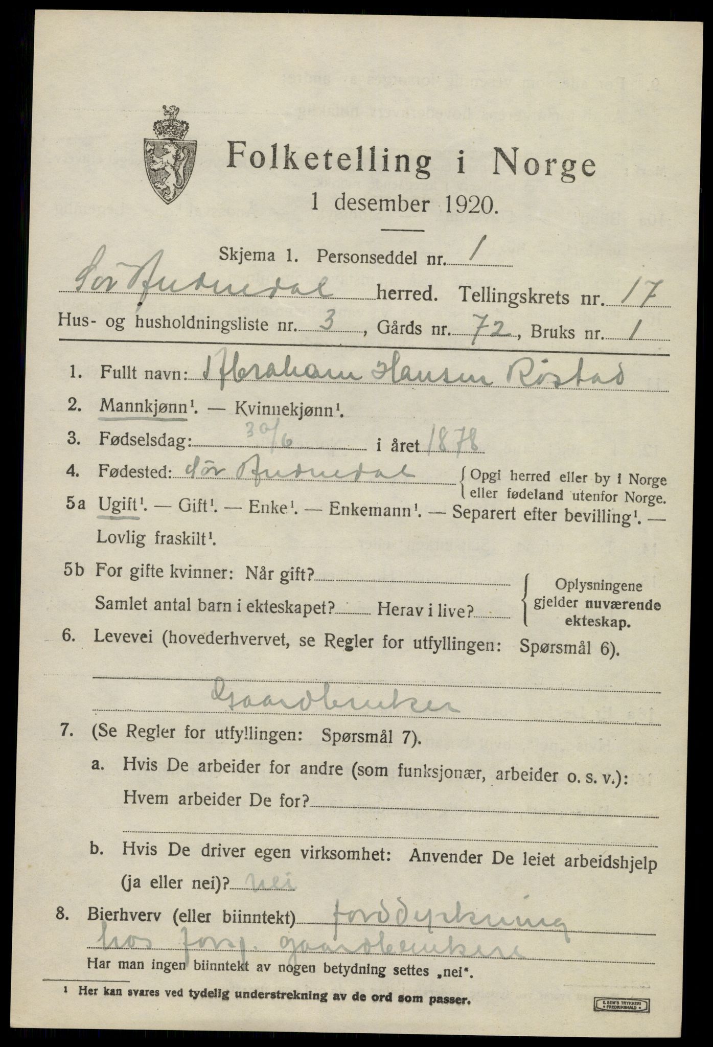 SAK, 1920 census for Sør-Audnedal, 1920, p. 6319