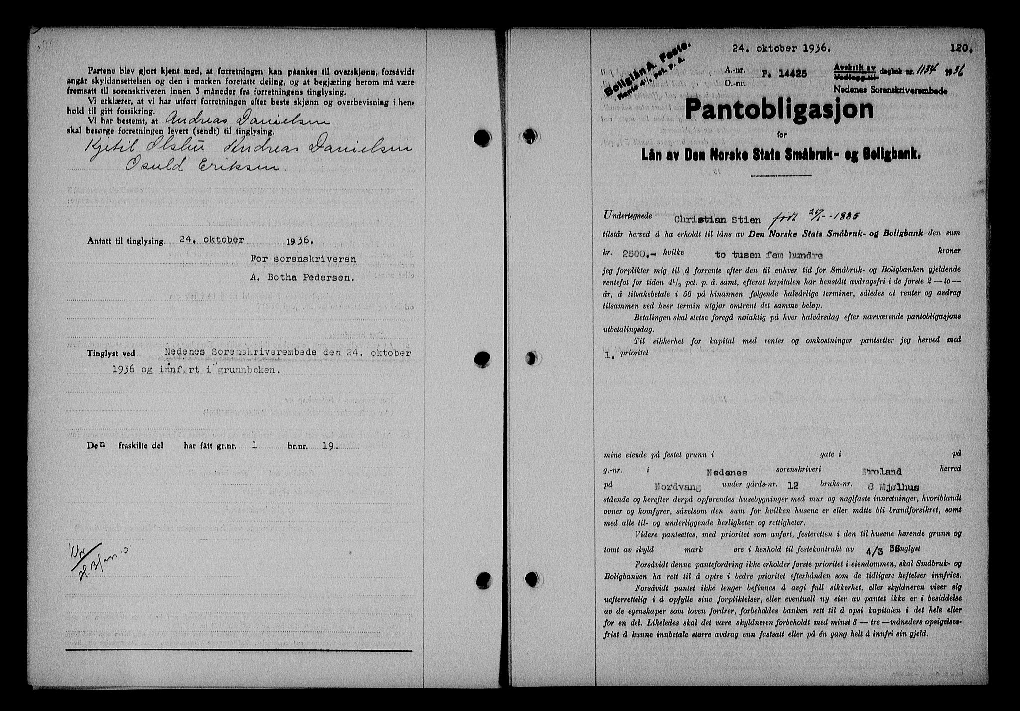 Nedenes sorenskriveri, SAK/1221-0006/G/Gb/Gba/L0043: Mortgage book no. 39, 1936-1937, Diary no: : 1134/1936