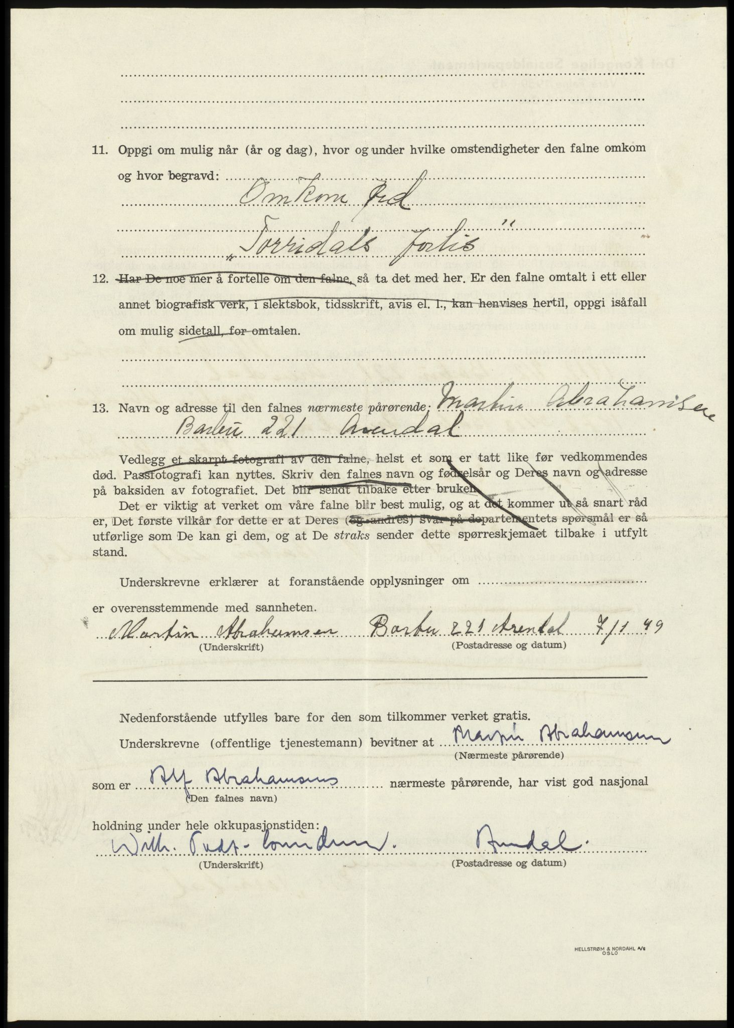 Sosialdepartementet, Våre Falne, AV/RA-S-1708/E/Ee/L0025: Personmapper: Abelsen 01 - Amundsen, H. 65, 1945-1951, p. 94