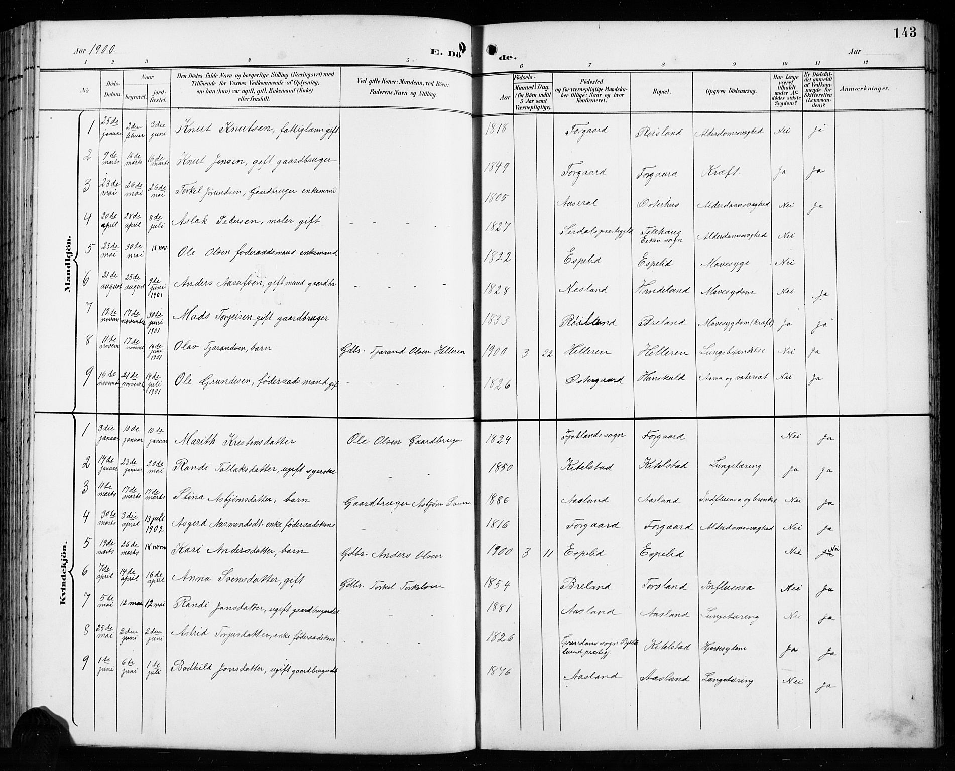 Åseral sokneprestkontor, AV/SAK-1111-0051/F/Fb/L0003: Parish register (copy) no. B 3, 1900-1919, p. 143