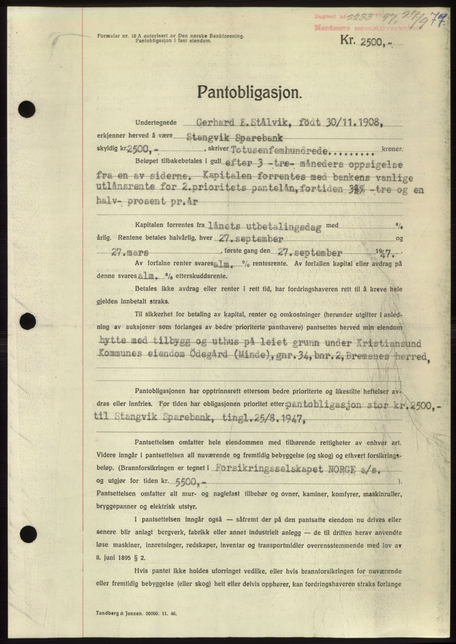 Nordmøre sorenskriveri, AV/SAT-A-4132/1/2/2Ca: Mortgage book no. B97, 1947-1948, Diary no: : 2233/1947