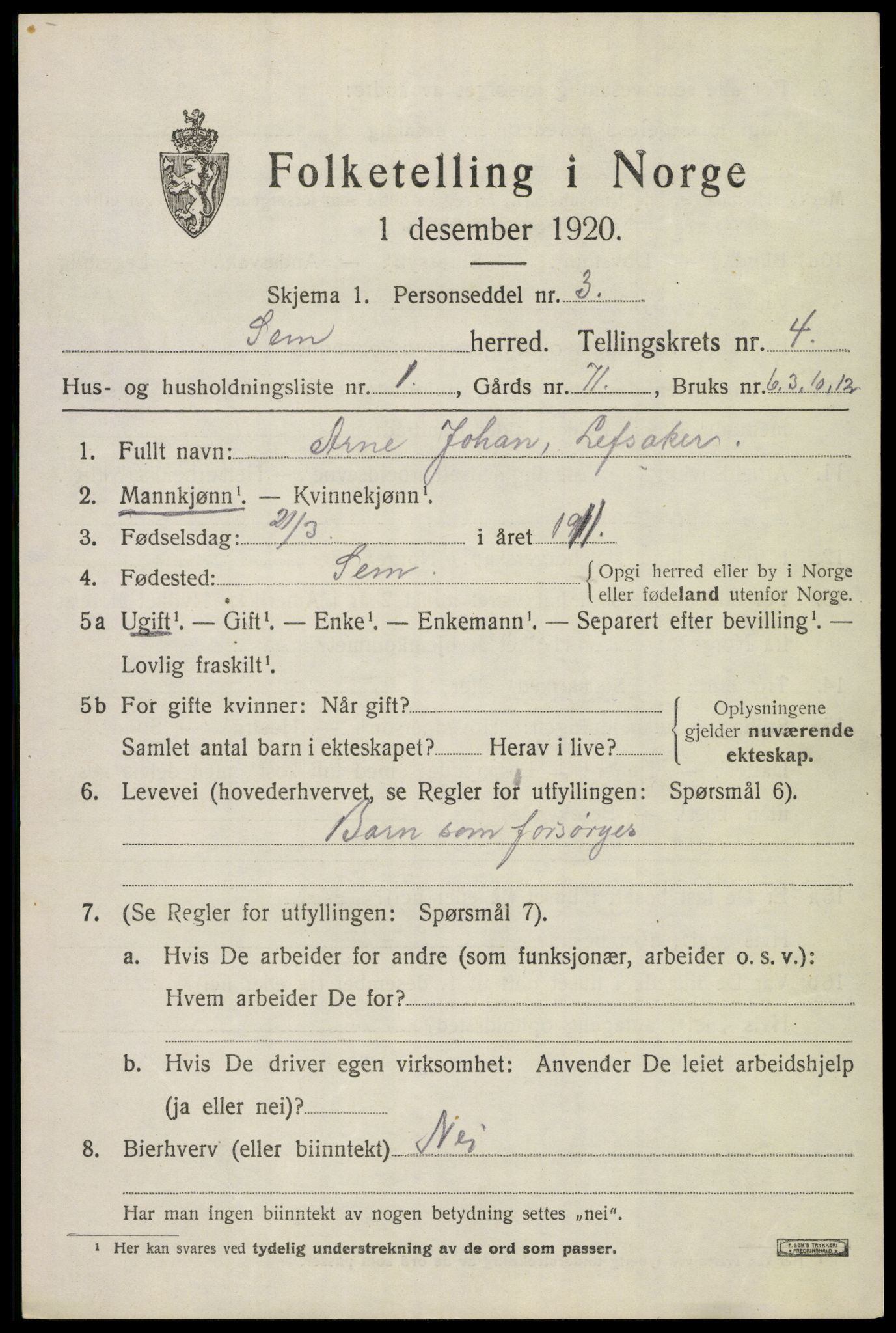 SAKO, 1920 census for Sem, 1920, p. 7075