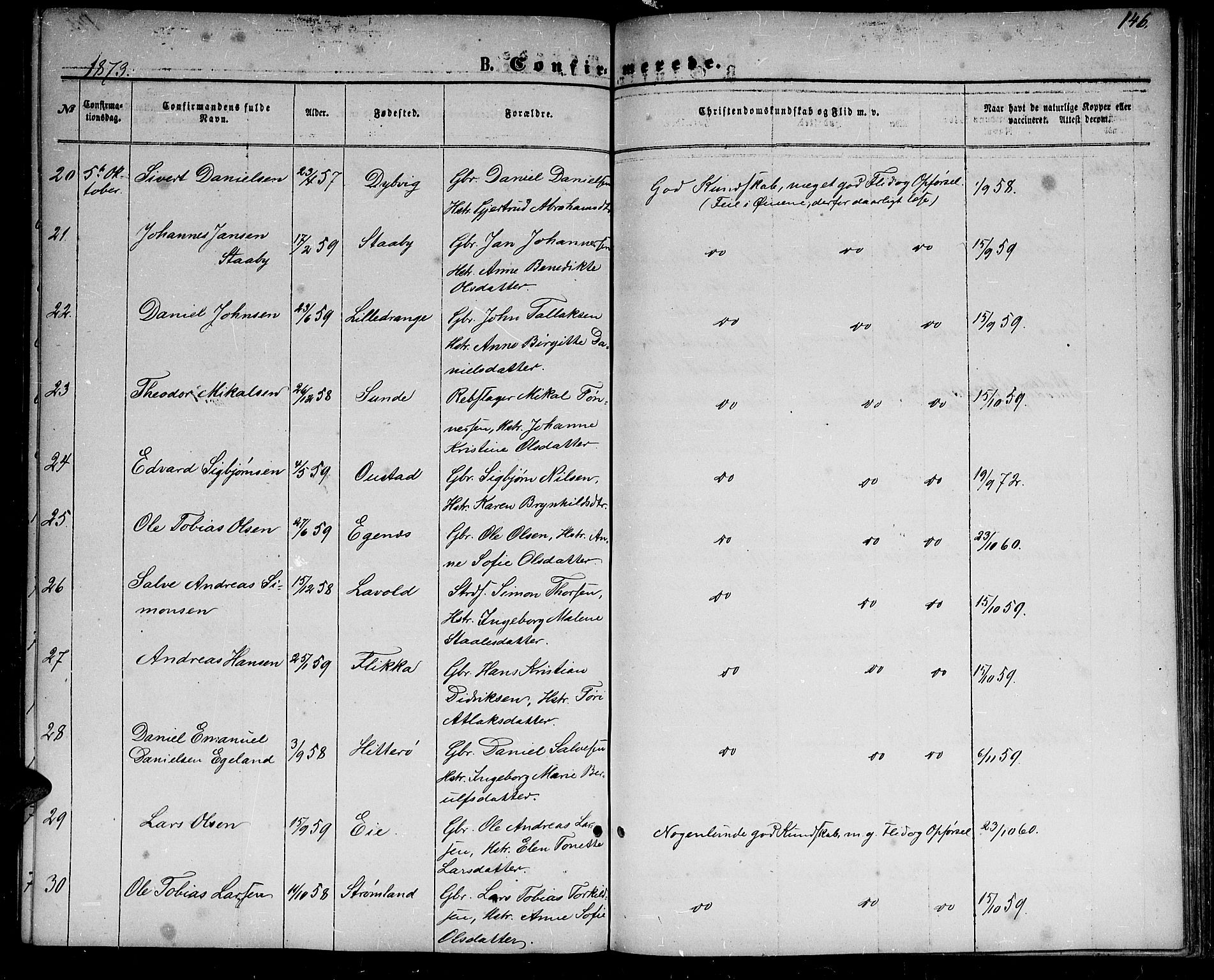 Flekkefjord sokneprestkontor, AV/SAK-1111-0012/F/Fb/Fbc/L0006: Parish register (copy) no. B 6, 1866-1879, p. 146