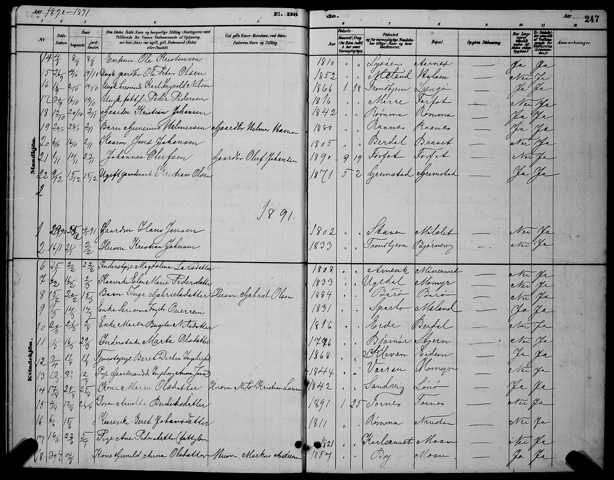 Ministerialprotokoller, klokkerbøker og fødselsregistre - Sør-Trøndelag, SAT/A-1456/655/L0687: Parish register (copy) no. 655C03, 1880-1898, p. 247