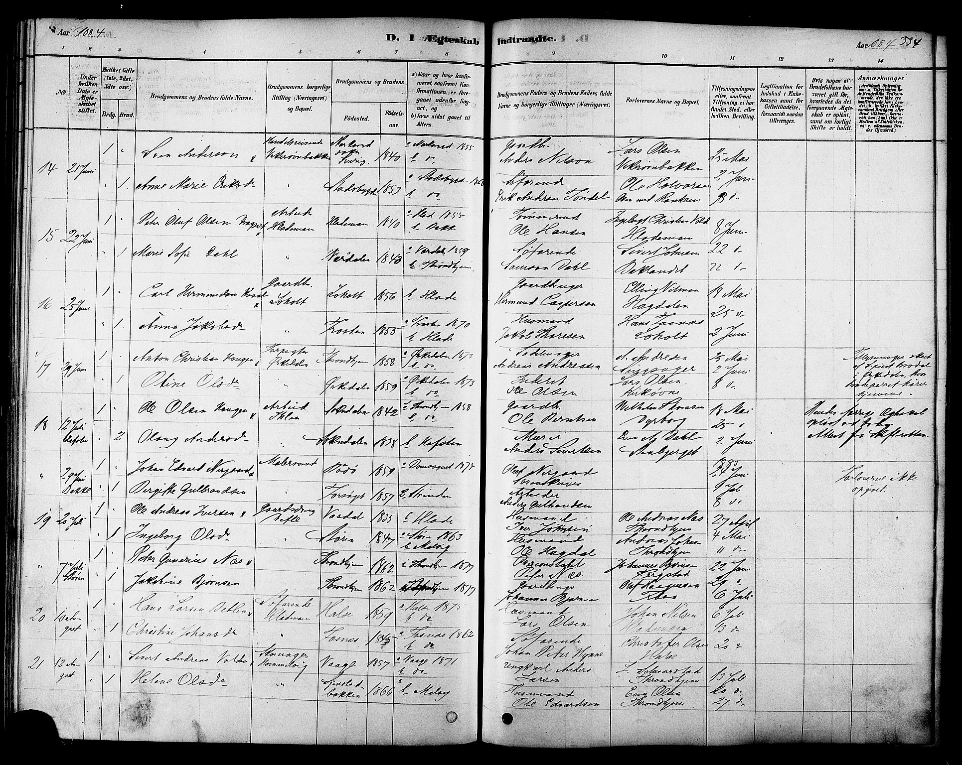 Ministerialprotokoller, klokkerbøker og fødselsregistre - Sør-Trøndelag, AV/SAT-A-1456/606/L0294: Parish register (official) no. 606A09, 1878-1886, p. 334