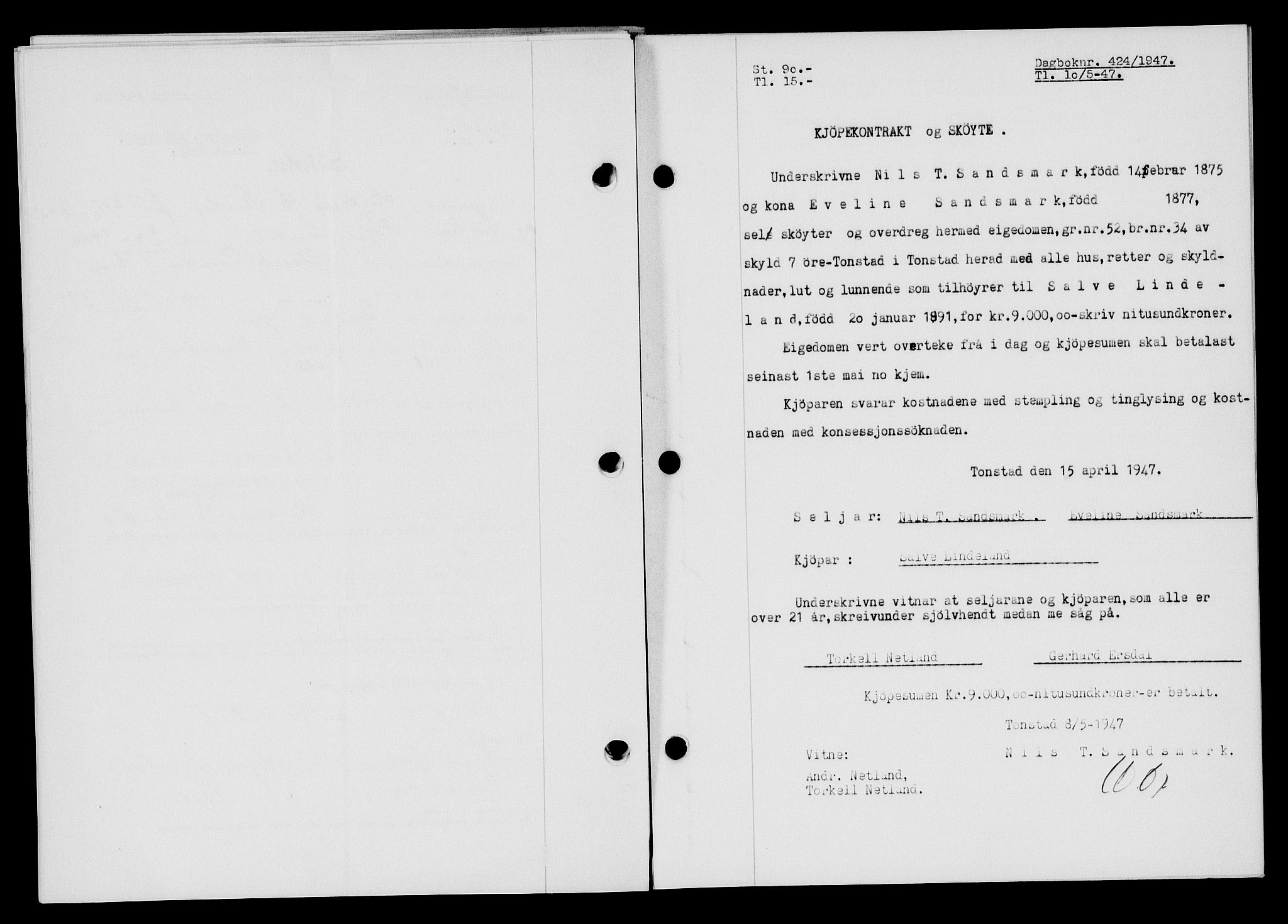 Flekkefjord sorenskriveri, SAK/1221-0001/G/Gb/Gba/L0062: Mortgage book no. A-10, 1947-1947, Diary no: : 424/1947