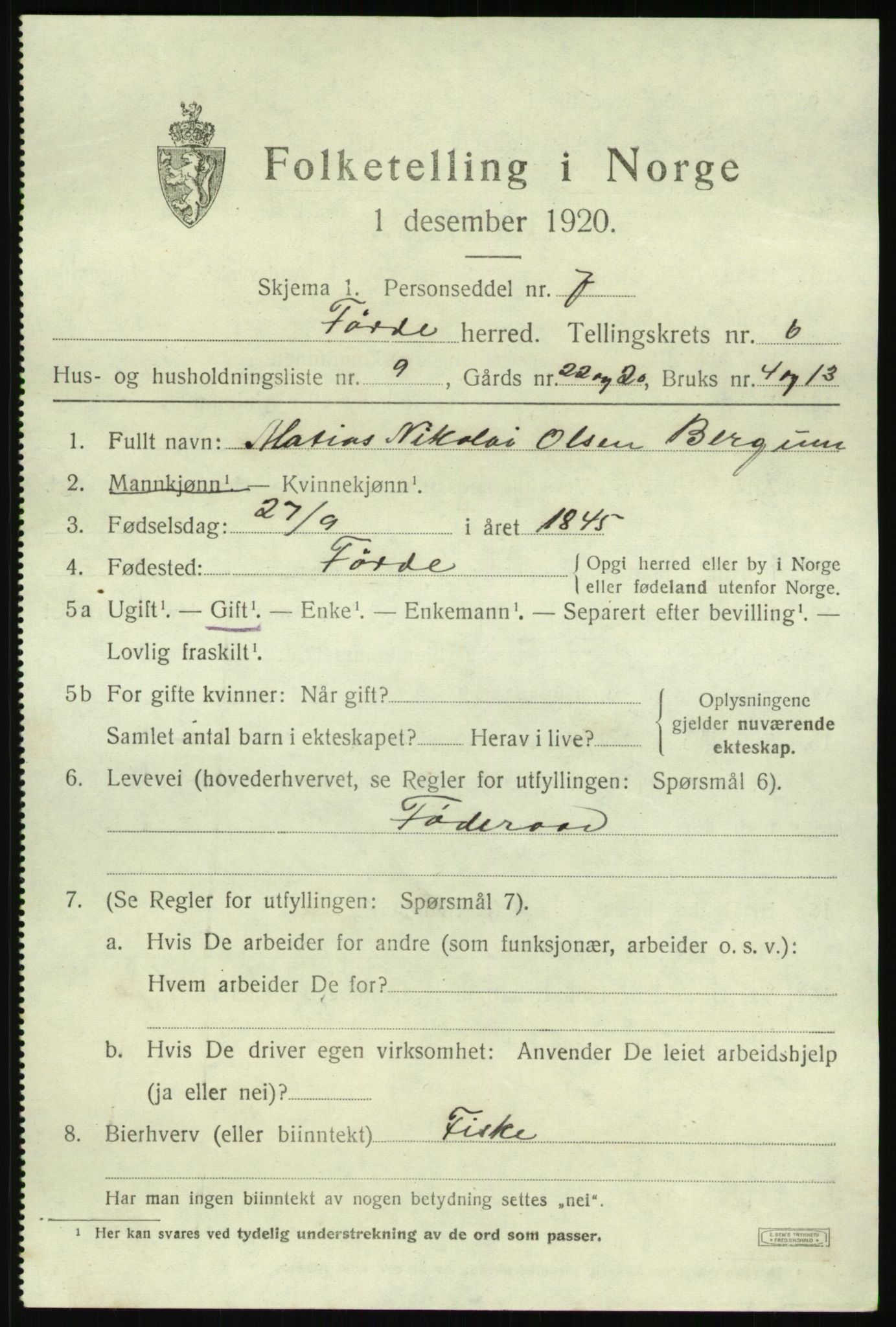 SAB, 1920 census for Førde, 1920, p. 2400