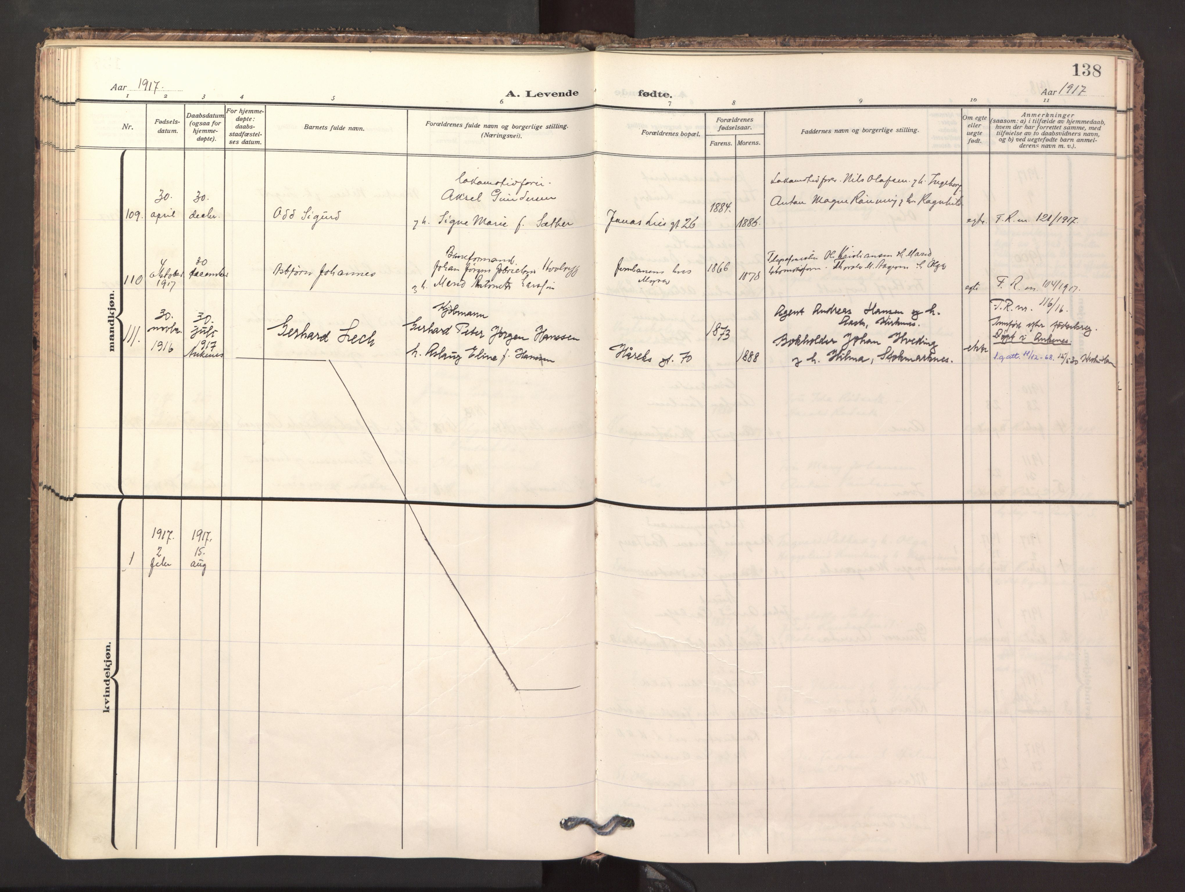 Ministerialprotokoller, klokkerbøker og fødselsregistre - Nordland, SAT/A-1459/871/L1001: Parish register (official) no. 871A17, 1911-1921, p. 138