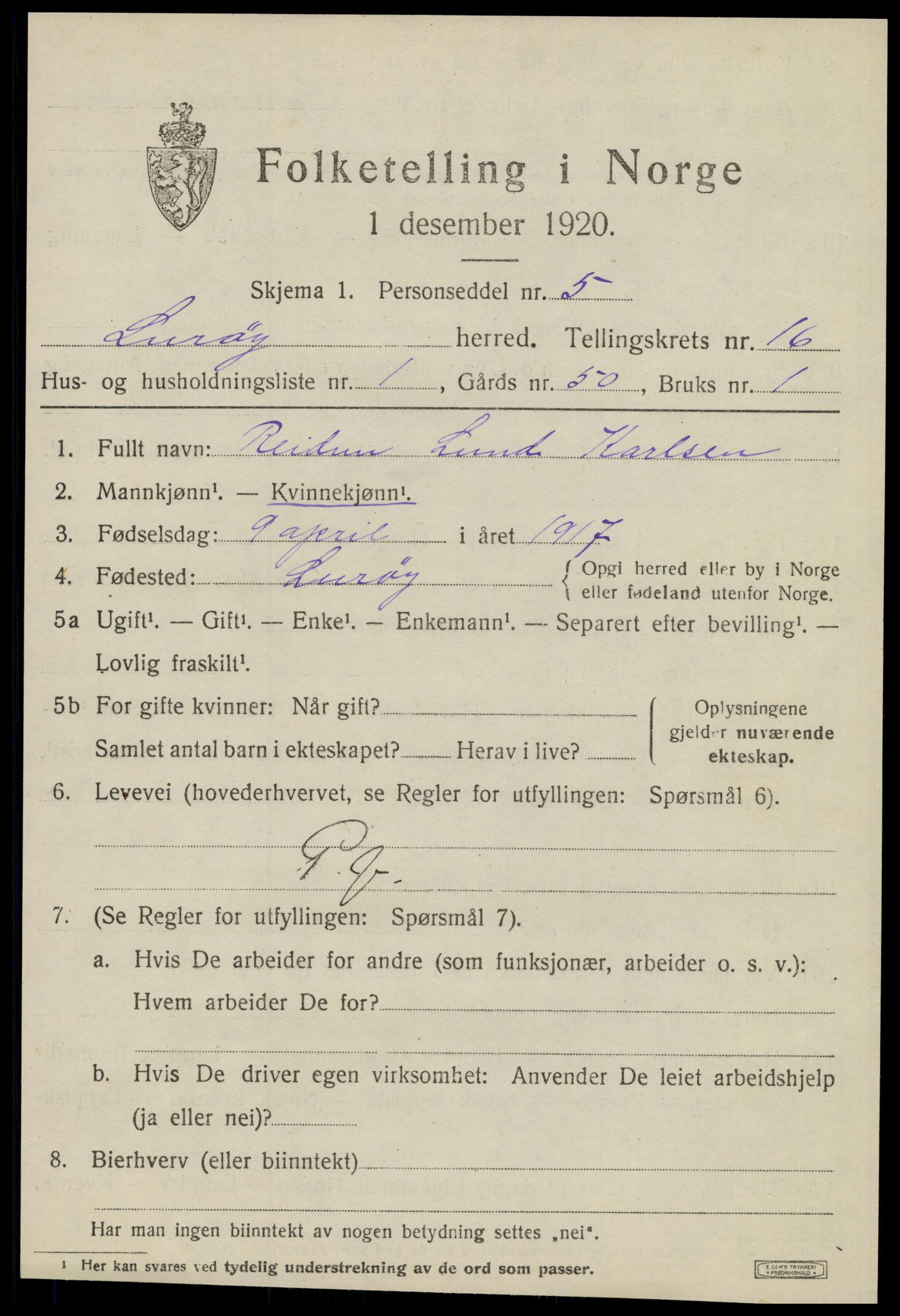 SAT, 1920 census for Lurøy, 1920, p. 5871