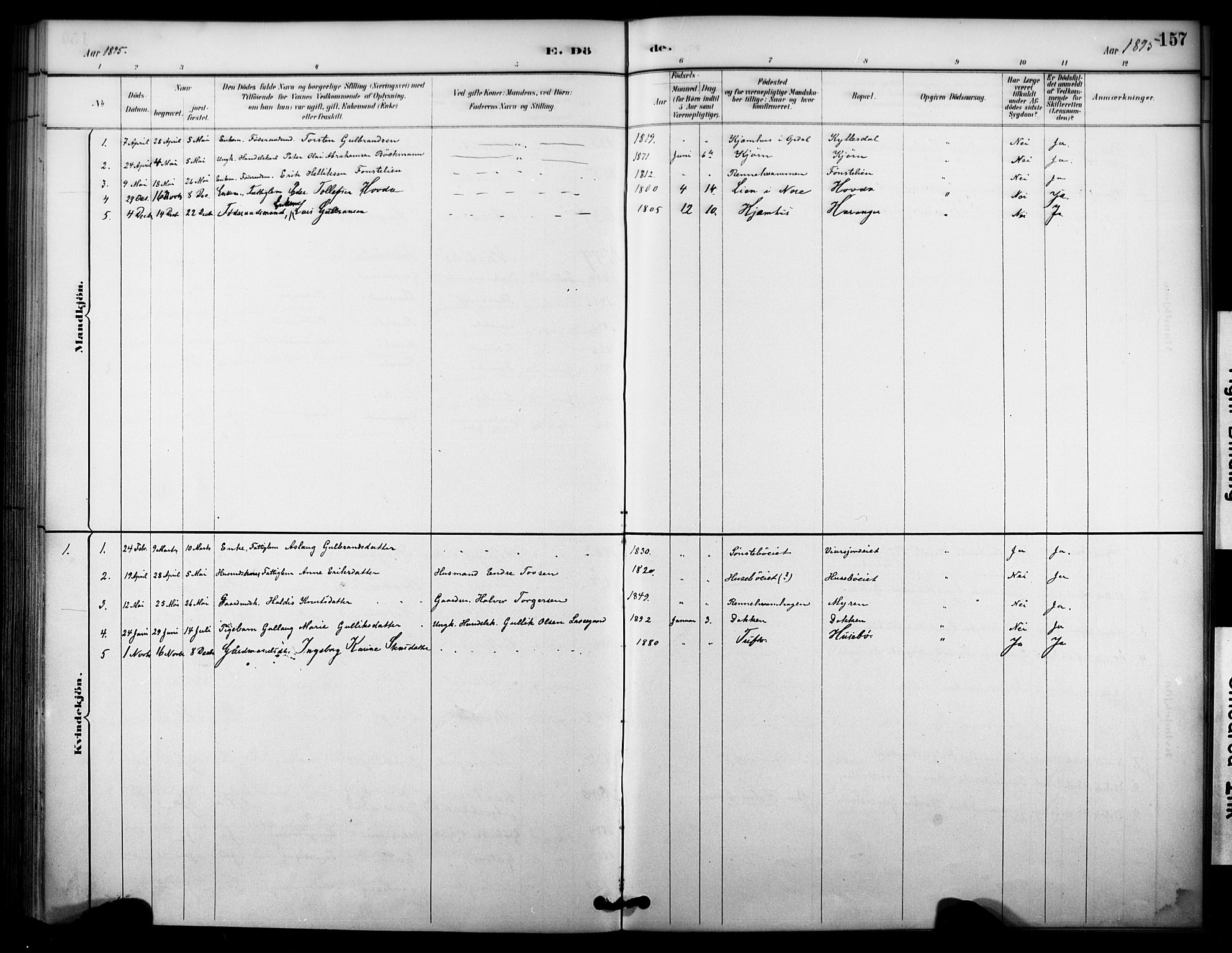 Nore kirkebøker, SAKO/A-238/F/Fc/L0004: Parish register (official) no. III 4, 1885-1898, p. 157