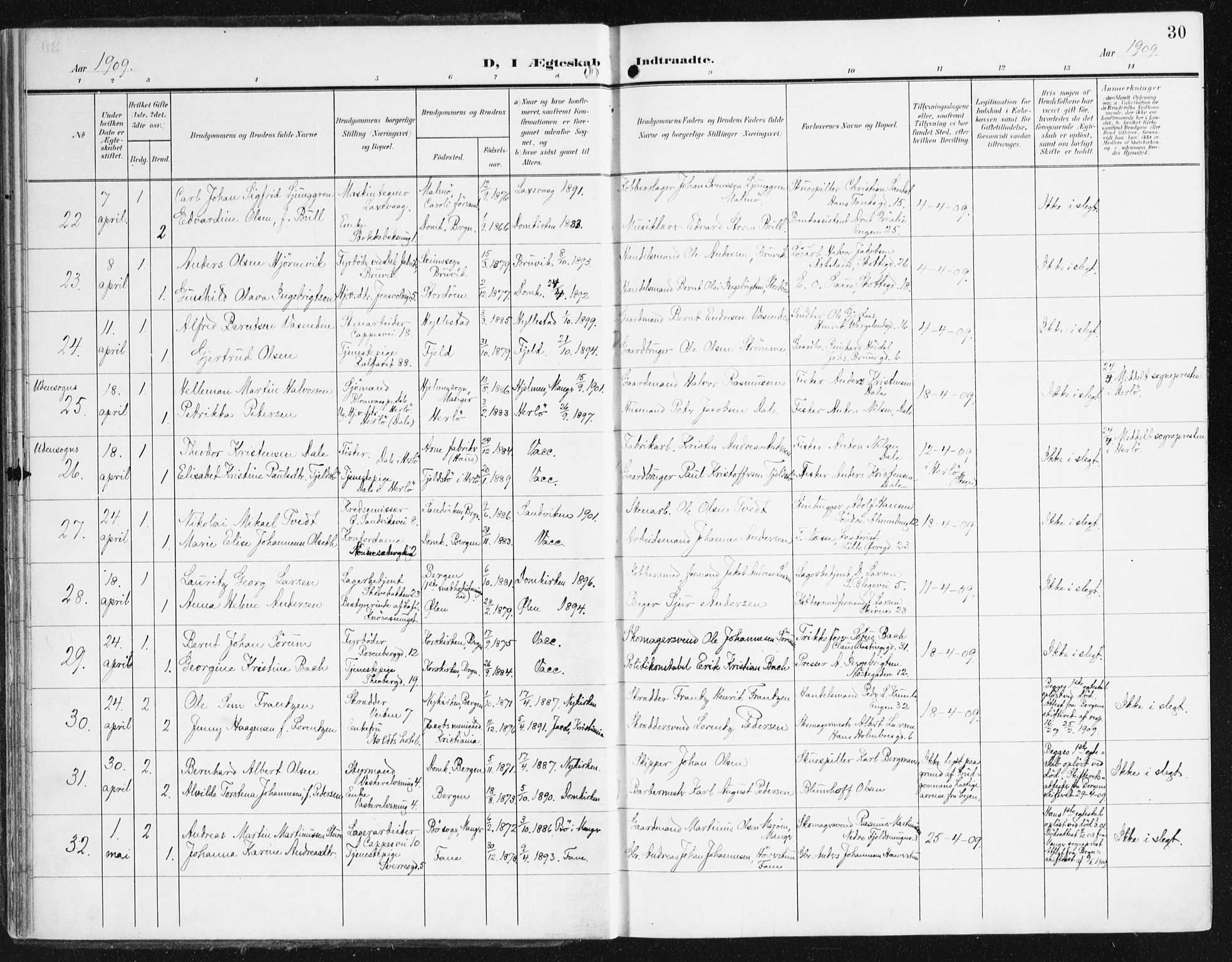 Domkirken sokneprestembete, AV/SAB-A-74801/H/Haa/L0038: Parish register (official) no. D 5, 1906-1921, p. 30