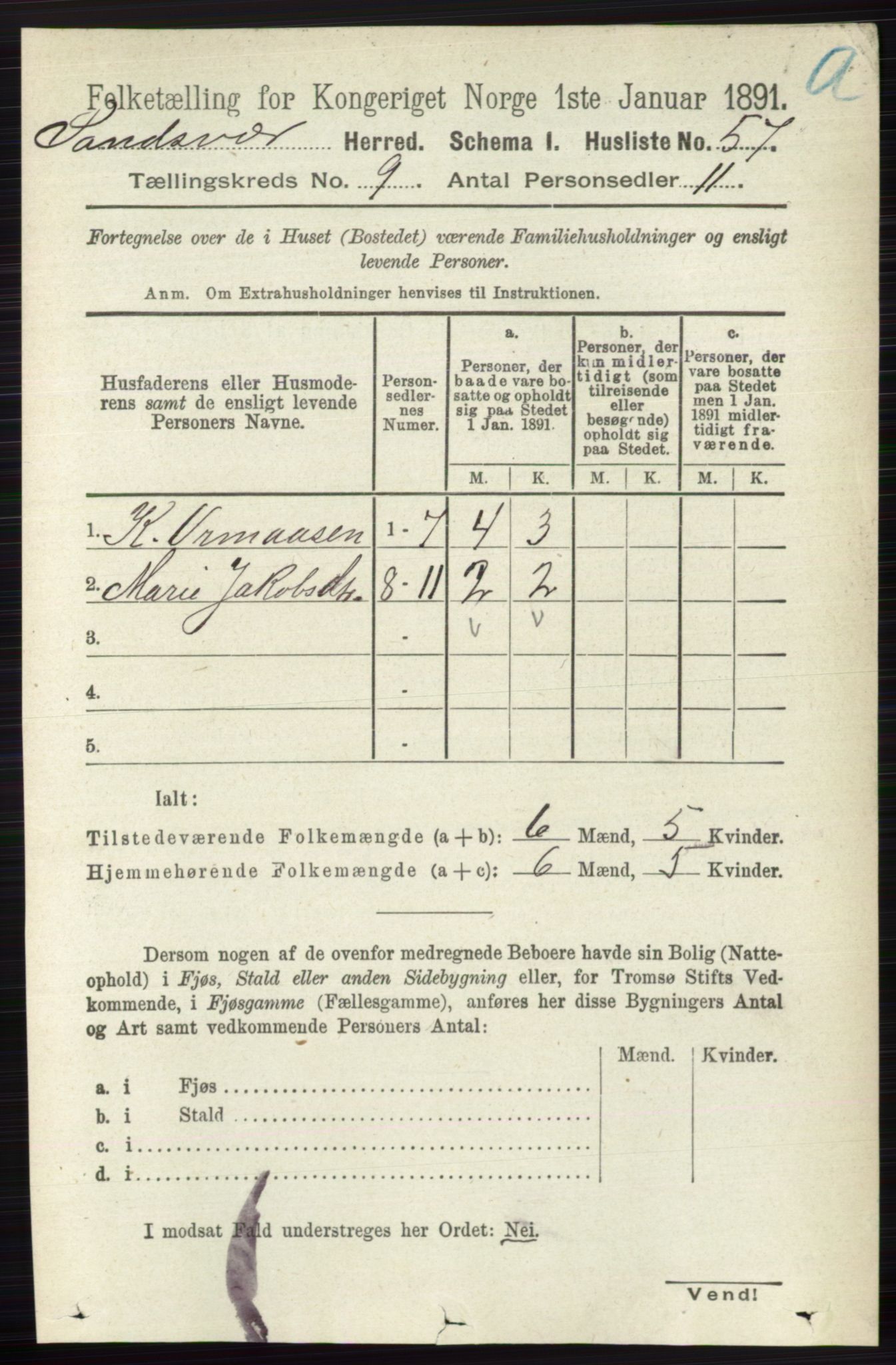 RA, 1891 census for 0629 Sandsvær, 1891, p. 4419