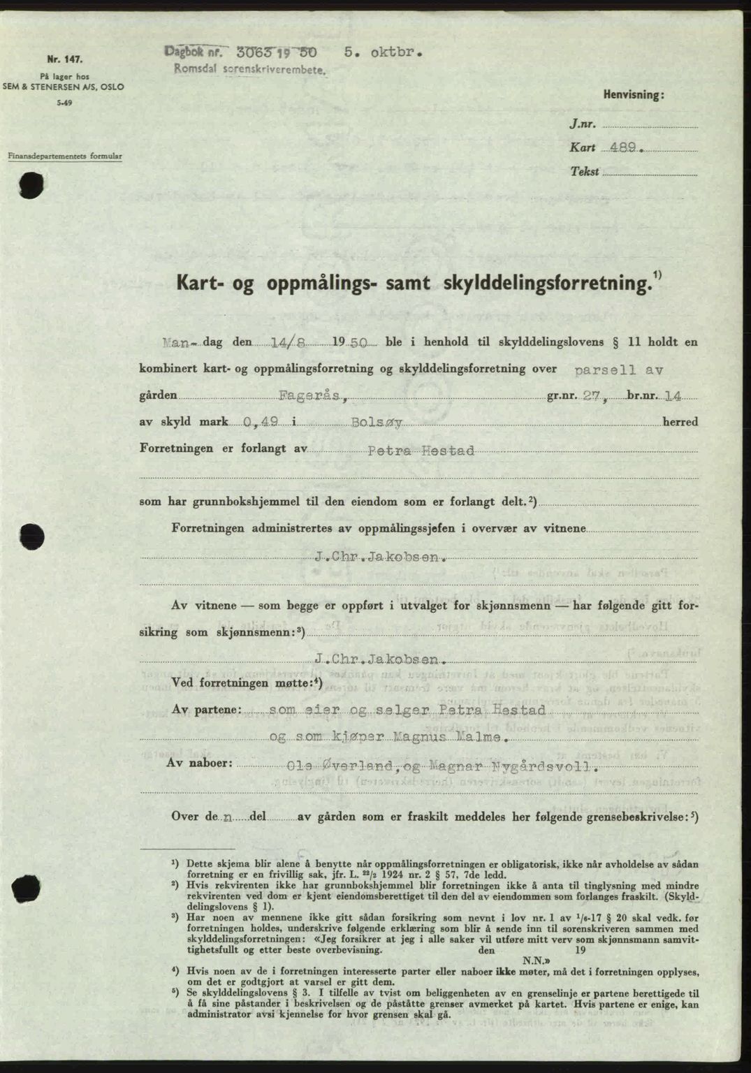 Romsdal sorenskriveri, AV/SAT-A-4149/1/2/2C: Mortgage book no. A34, 1950-1950, Diary no: : 3063/1950