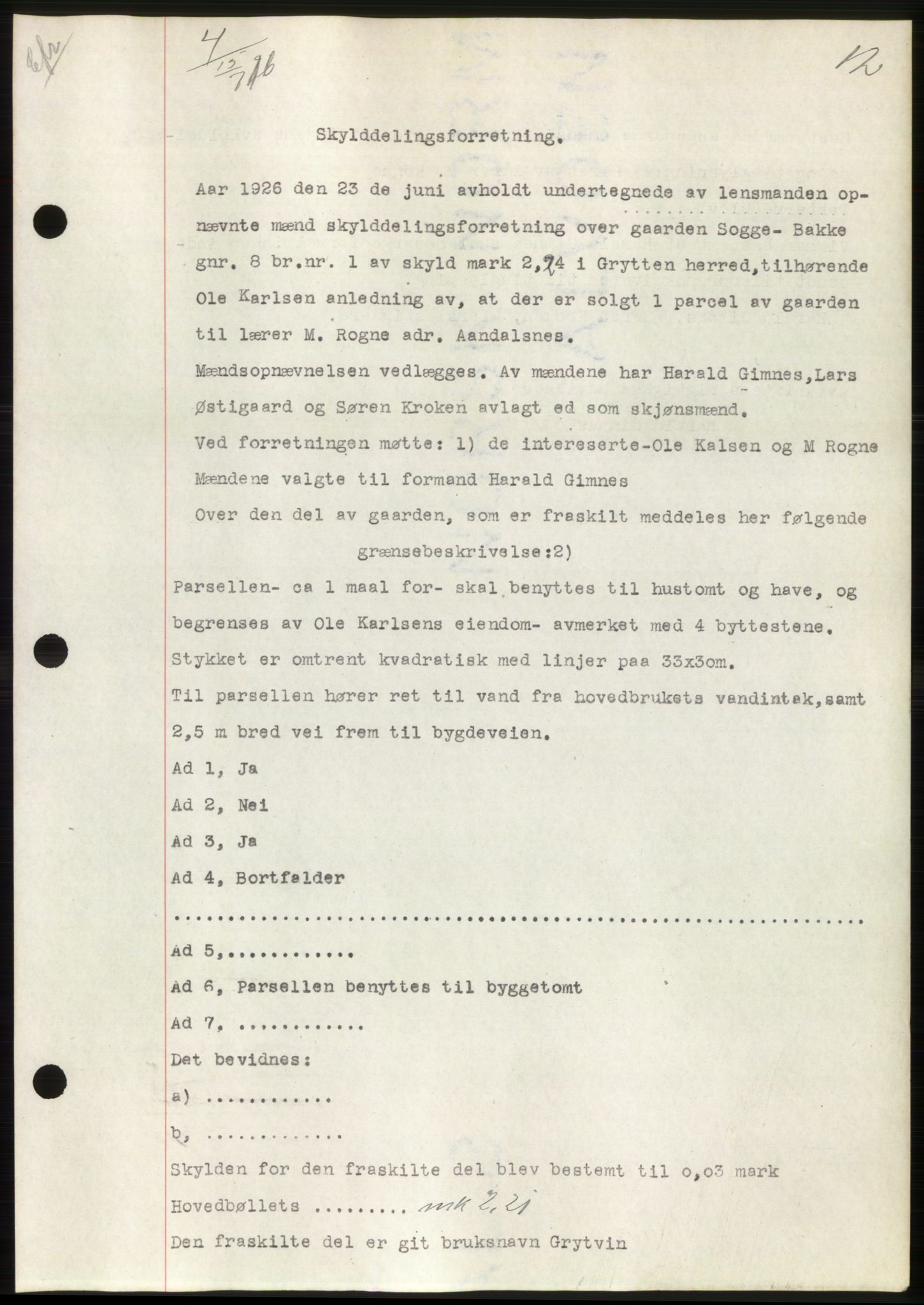 Romsdal sorenskriveri, AV/SAT-A-4149/1/2/2C/L0051: Mortgage book no. 45, 1926-1927, Deed date: 15.07.1926