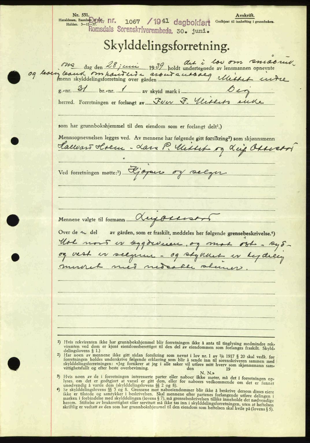 Romsdal sorenskriveri, AV/SAT-A-4149/1/2/2C: Mortgage book no. A10, 1941-1941, Diary no: : 1067/1941