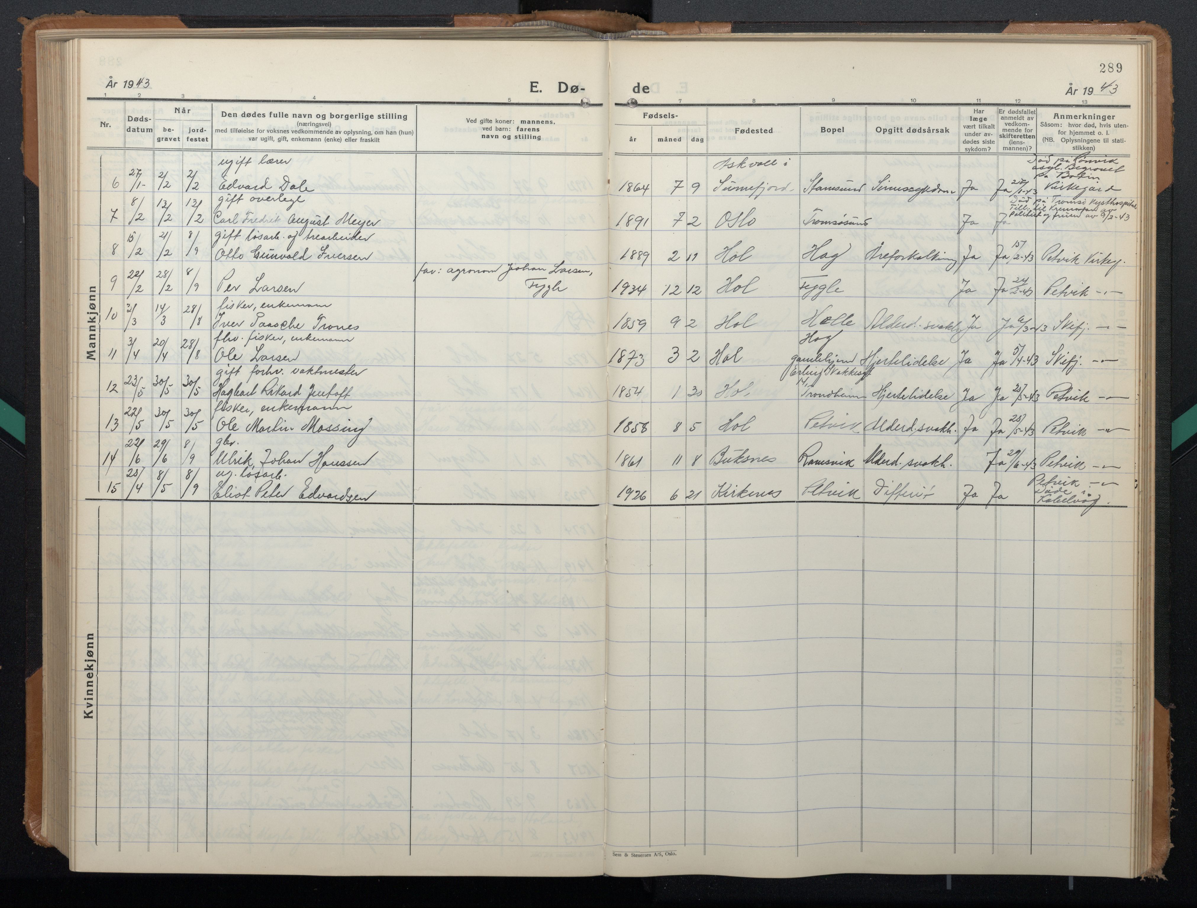 Ministerialprotokoller, klokkerbøker og fødselsregistre - Nordland, AV/SAT-A-1459/882/L1184: Parish register (copy) no. 882C02, 1932-1951, p. 289